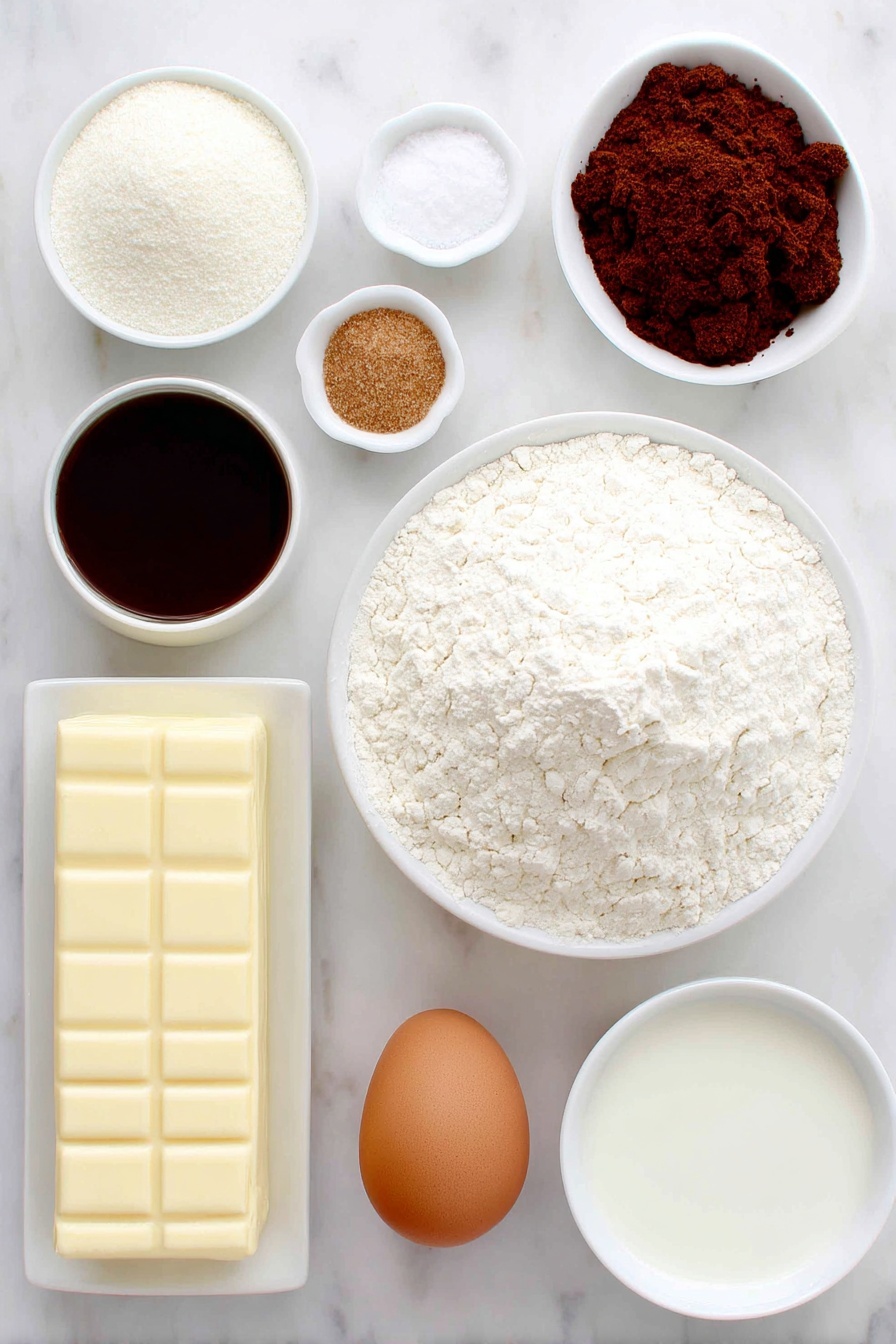 Soft Gingerbread Cookies, holiday gingerbread cookies, chewy gingerbread cookies, spiced gingerbread cookies, easy gingerbread cookies - Flat lay of a small mound of all-purpose flour, a small white bowl with fine baking soda powder, a small white bowl containing ground cinnamon, a small white bowl with ground ginger, a small white bowl of ground cloves, a small white bowl with coarse sea salt, a block of softened butter, a small pile of packed brown sugar, a small white bowl filled with dark molasses syrup, one large whole egg with a clean shell, a small white bowl holding clear vanilla extract, a small white bowl with powdered sugar, a small white bowl with fresh milk placed on a clean white marble surface, soft natural light, photo taken with an iPhone, professional food photography style, fresh ingredients, white ceramic bowls, no bottles, no duplicates, no utensils, no packaging --ar 2:3 --v 7 --p m7354615311229779997