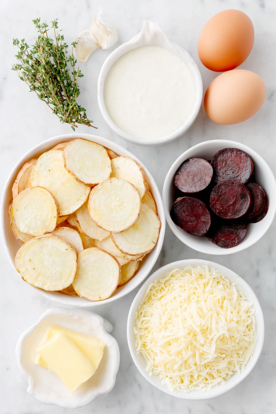 Cheesy Root Vegetable Gratin, root vegetable gratin, cheesy vegetable bake, creamy root veggie dish, seasonal vegetable side - Flat lay of a few long peeled sweet potatoes sliced into thin rounds in a simple white ceramic bowl, several peeled parsnips cut into thin rounds in another white ceramic bowl, a handful of peeled small beets sliced into thin rounds in a third white ceramic bowl, a small white ceramic bowl filled with heavy cream, a small white ceramic bowl with grated Parmesan cheese, a small white ceramic bowl holding shredded Gruyere cheese, a fresh small bunch of thyme sprigs, one garlic clove unpeeled, a small pat of unsalted butter, whole uncracked brown eggs, all arranged in perfect symmetrical balance, placed on a clean white marble surface, soft natural light, photo taken with an iPhone, professional food photography style, fresh ingredients, white ceramic bowls, no bottles, no duplicates, no utensils, no packaging --ar 2:3 --v 7 --p m7354615311229779997