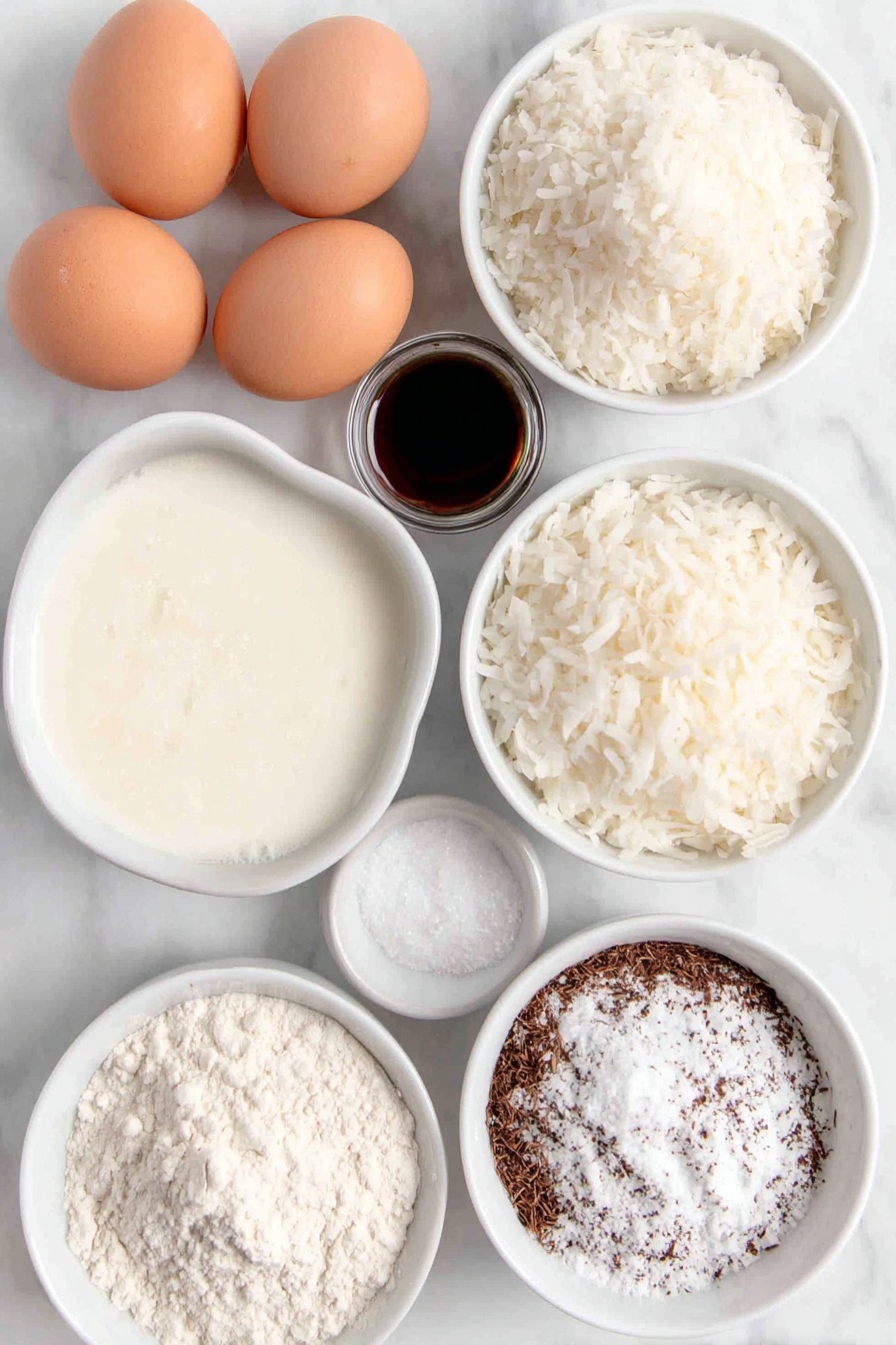 Coconut Milk Snack Cake, moist coconut cake, easy coconut cake recipe, quick snack cake, coconut dessert - Flat lay of a small white ceramic bowl filled with creamy unsweetened coconut milk, a small white ceramic bowl containing melted coconut oil, two whole brown eggs with clean shells, a small white ceramic bowl of granulated sugar, a small white ceramic bowl holding clear vanilla extract, a small white ceramic bowl of all-purpose flour, a small white ceramic bowl with unsweetened shredded coconut, and a small white ceramic bowl with baking powder, all arranged symmetrically and balanced, placed on a clean white marble surface, soft natural light, photo taken with an iPhone, professional food photography style, fresh ingredients, white ceramic bowls, no bottles, no duplicates, no utensils, no packaging --ar 2:3 --v 7 --p m7354615311229779997
