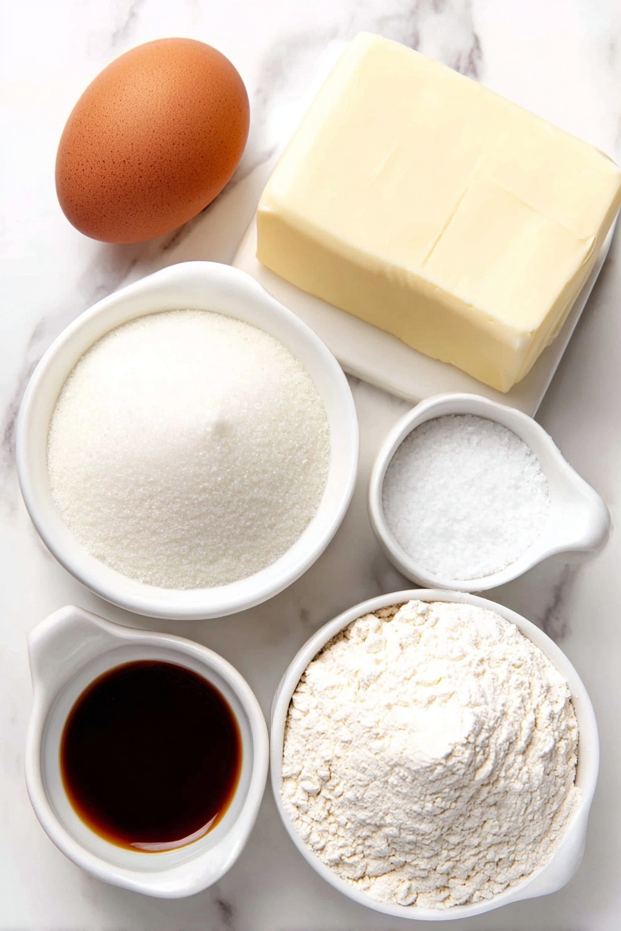 Spritz Cookies, buttery spritz cookies, holiday cookies, crisp-edged cookies, homemade spritz cookies - Flat lay of a smooth pale yellow slab of unsalted butter, a small white ceramic bowl filled with fine white granulated sugar, a single large brown egg with an uncracked shell, a small white ceramic bowl holding clear vanilla extract, a small white ceramic bowl containing pale amber almond extract, a neat pile of white all-purpose flour, a small mound of fine white salt crystals in a white ceramic bowl, placed on a clean white marble surface, soft natural light, photo taken with an iPhone, professional food photography style, fresh ingredients, white ceramic bowls, no bottles, no duplicates, no utensils, no packaging --ar 2:3 --v 7 --p m7354615311229779997