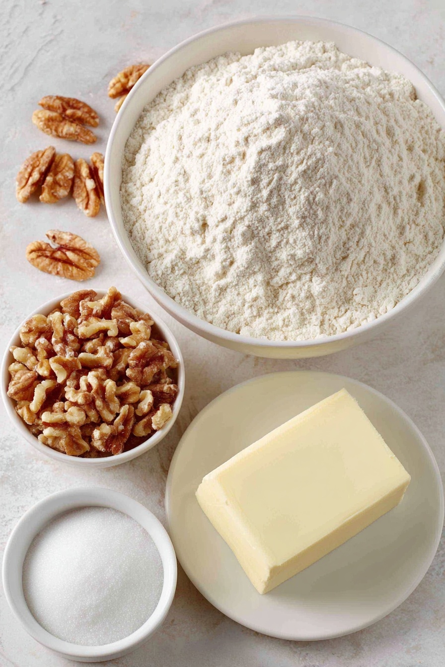 Snowball Cookies, Snowball Cookies Recipe, buttery melt-in-your-mouth cookies, holiday cookie ideas, easy snowball cookies - Flat lay of a small mound of white flour in a simple white ceramic bowl, a small white bowl filled with finely chopped walnuts, a half cup of solid pale yellow butter block on a white ceramic plate, a small white bowl of fine white powdered sugar, all arranged with perfect symmetry and balanced proportions, placed on a clean white marble surface, soft natural light, photo taken with an iPhone, professional food photography style, fresh ingredients, white ceramic bowls, no bottles, no duplicates, no utensils, no packaging --ar 2:3 --v 7 --p m7354615311229779997