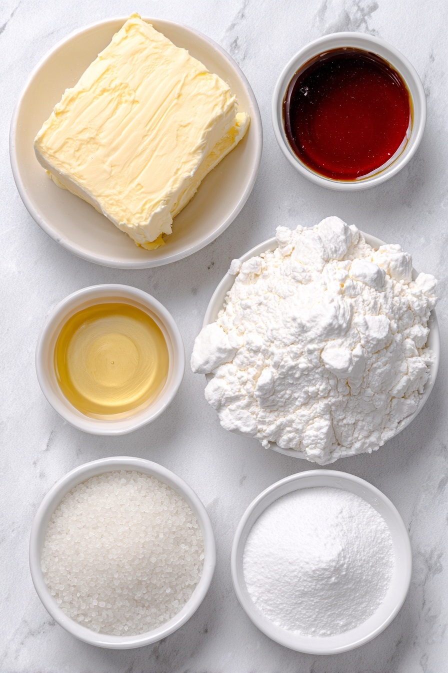 Cinnamon Rock Candy, Cinnamon Rock Candy Recipe, Homemade Cinnamon Candy, Spicy Cinnamon Candy, Candy Making with Cinnamon Oil - Flat lay of a small slab of golden butter, a tall mound of white granulated sugar, a small white bowl filled with thick light amber corn syrup, a small white bowl of clear purified water, a tiny white bowl containing vibrant red liquid food coloring, a small white bowl holding translucent cinnamon candy oil, and a neat pile of fine white confectioner’s sugar powder, all arranged symmetrically on a simple white ceramic plate and bowls, placed on a clean white marble surface, soft natural light, photo taken with an iPhone, professional food photography style, fresh ingredients, white ceramic bowls, no bottles, no duplicates, no utensils, no packaging --ar 2:3 --v 7 --p m7354615311229779997