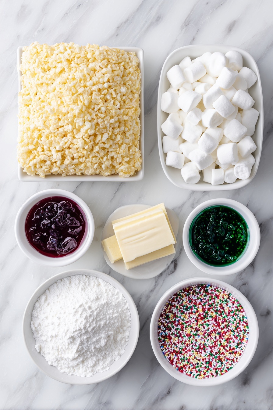Festive Christmas Rice Krispie Bites, Christmas holiday treats, easy holiday desserts, colorful Krispie treats, no-bake Christmas snacks - Flat lay of a small mound of golden Rice Krispie cereal, a heap of white mini marshmallows, a few tablespoons of pale yellow butter sticks, three small white ceramic bowls each with bright red, deep green, and pure white dyes in liquid form, and a small white bowl filled with colorful nonpareils Christmas sprinkles, all arranged symmetrically and neatly, placed on a clean white marble surface, soft natural light, photo taken with an iPhone, professional food photography style, fresh ingredients, white ceramic bowls, no bottles, no duplicates, no utensils, no packaging --ar 2:3 --v 7 --p m7354615311229779997