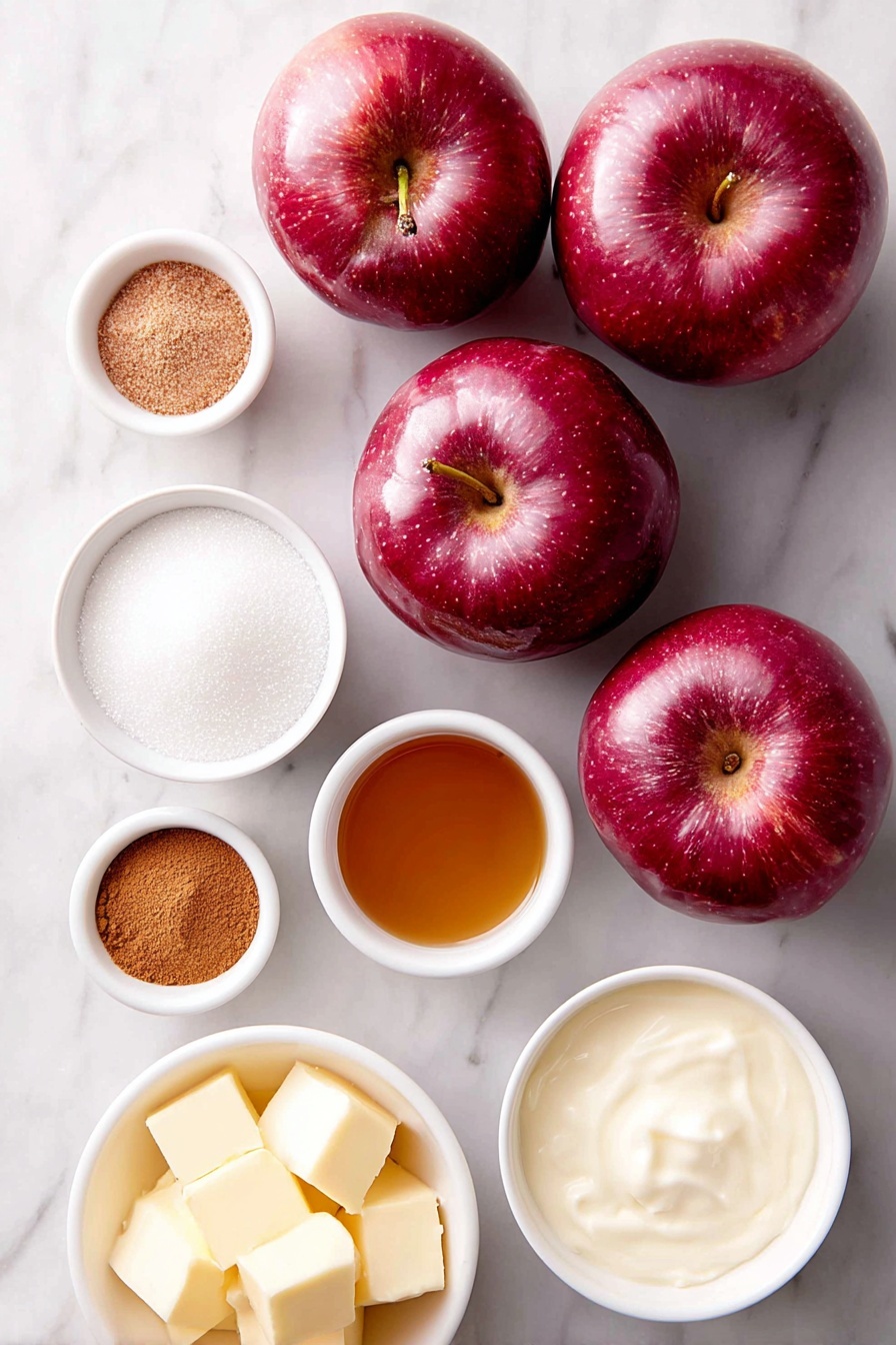 Apple Cider Caramels, fall caramel candies, cozy caramel treats, homemade apple cider candies, spiced caramel confections - Flat lay of fresh whole red apples with shiny skins, a small white ceramic bowl of golden light corn syrup, a small white ceramic bowl filled with granulated white sugar, a few cubes of pale yellow unsalted butter, a small white ceramic bowl of smooth heavy whipping cream, a small white ceramic bowl containing ground cinnamon with a warm reddish-brown color, a small white ceramic bowl with fine nutmeg powder in light brown, a tiny white ceramic bowl holding a pinch of ground cloves, and a small white ceramic bowl with amber apple cider liquid, all arranged symmetrically and balanced on a clean white marble surface, soft natural light, photo taken with an iPhone, professional food photography style, fresh ingredients, white ceramic bowls, no bottles, no duplicates, no utensils, no packaging --ar 2:3 --v 7 --p m7354615311229779997