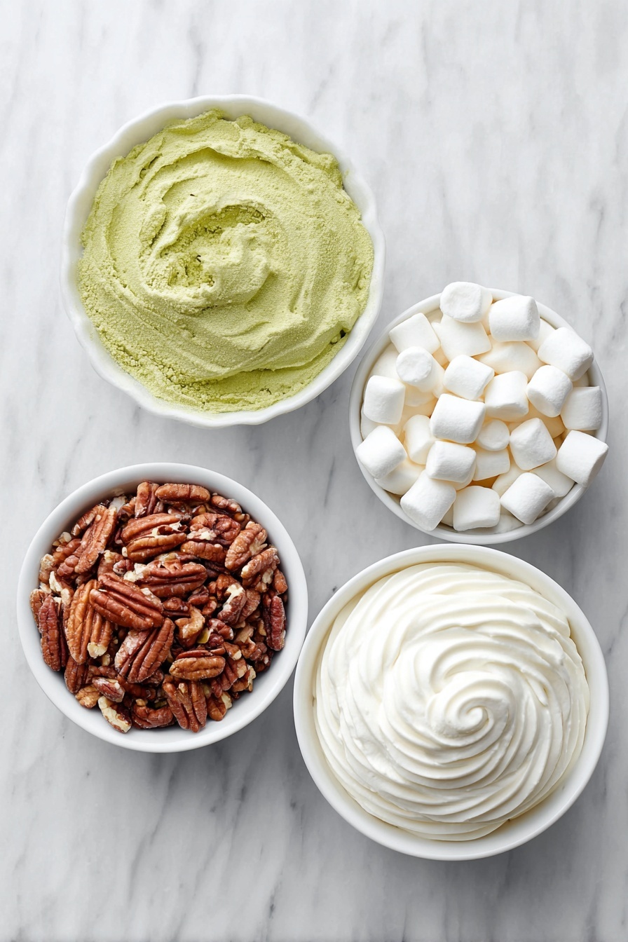 Easy Watergate Salad with Pineapple and Pecans, Watergate Salad recipe, quick fruity dessert, no-cook pineapple salad, nostalgic party side dish - Flat lay of a small white ceramic bowl filled with vibrant green instant pistachio pudding powder, a simple white bowl holding golden crushed pineapple with juice, a neat pile of small, fluffy white mini marshmallows directly on the surface, roughly chopped pecans arranged in a small white bowl, and a smooth dome of creamy white Cool Whip in another white bowl, all ingredients fresh and natural, perfectly spaced in balanced symmetry, placed on a clean white marble surface, soft natural light, photo taken with an iPhone, professional food photography style, fresh ingredients, white ceramic bowls, no bottles, no duplicates, no utensils, no packaging --ar 2:3 --v 7 --p m7354615311229779997