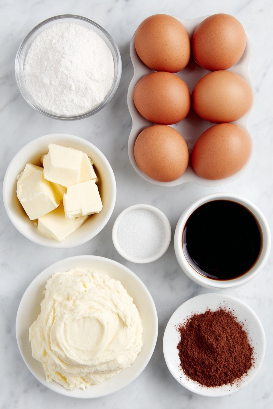 Easy Classic Tiramisu, Italian dessert, coffee and mascarpone dessert, homemade tiramisu, simple tiramisu recipe - Flat lay of six whole large brown eggs with clean shells, a small white ceramic bowl filled with granulated sugar, a small white ceramic bowl holding a pinch of salt, a mound of cold mascarpone cheese on a simple white ceramic plate, a small white ceramic bowl containing pure vanilla extract, a small white ceramic bowl of thick cold heavy whipping cream, a small white ceramic bowl with cold dark espresso, a small white ceramic bowl with clear amber Kahlua liqueur, and a neat stack of fresh crunchy ladyfingers arranged beside a small white ceramic plate dusted lightly with unsweetened cocoa powder, all placed on a clean white marble surface, soft natural light, photo taken with an iPhone, professional food photography style, fresh ingredients, white ceramic bowls, no bottles, no duplicates, no utensils, no packaging --ar 2:3 --v 7 --p m7354615311229779997