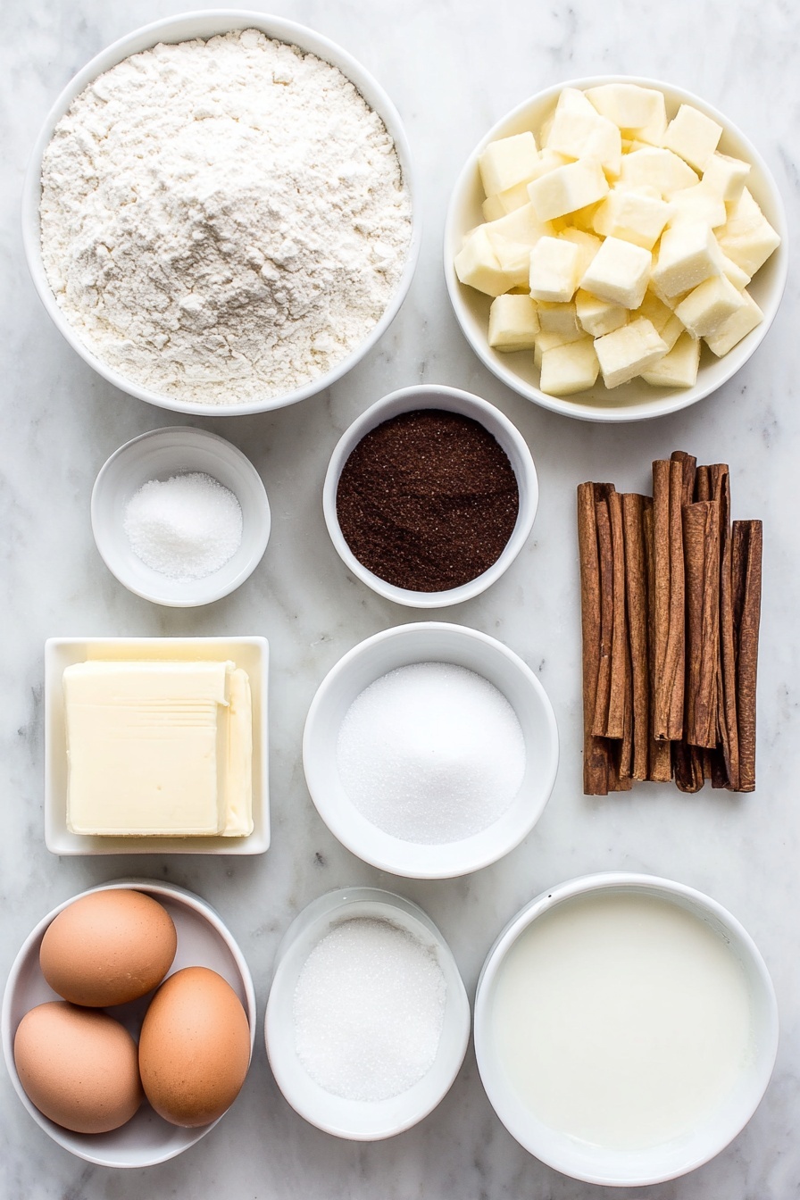 Apple Spice Cake with Caramel Icing, fall dessert recipes, moist apple cake, homemade caramel frosting, cozy autumn cakes - Flat lay of a small mound of sifted cake flour, a small white ceramic bowl of white sugar, a small white ceramic bowl of dark brown sugar, a neat pile of whole brown cinnamon sticks, a small heap of ground nutmeg, a small pile of salt crystals, a few tablespoons of unsalted butter at room temperature shaped into a smooth square, a small white ceramic bowl of buttermilk, three whole uncracked brown eggs, a few fresh whole apples alongside a small white ceramic bowl filled with diced apples, a small white ceramic bowl of unsweetened applesauce, a small white ceramic bowl of vanilla extract, a small white ceramic bowl of powdered sugar, a small white ceramic bowl of milk, and a small white ceramic bowl with melting butter, all arranged symmetrically and balanced on a clean white marble surface, soft natural light, photo taken with an iPhone, professional food photography style, fresh ingredients, white ceramic bowls, no bottles, no duplicates, no utensils, no packaging --ar 2:3 --v 7 --p m7354615311229779997