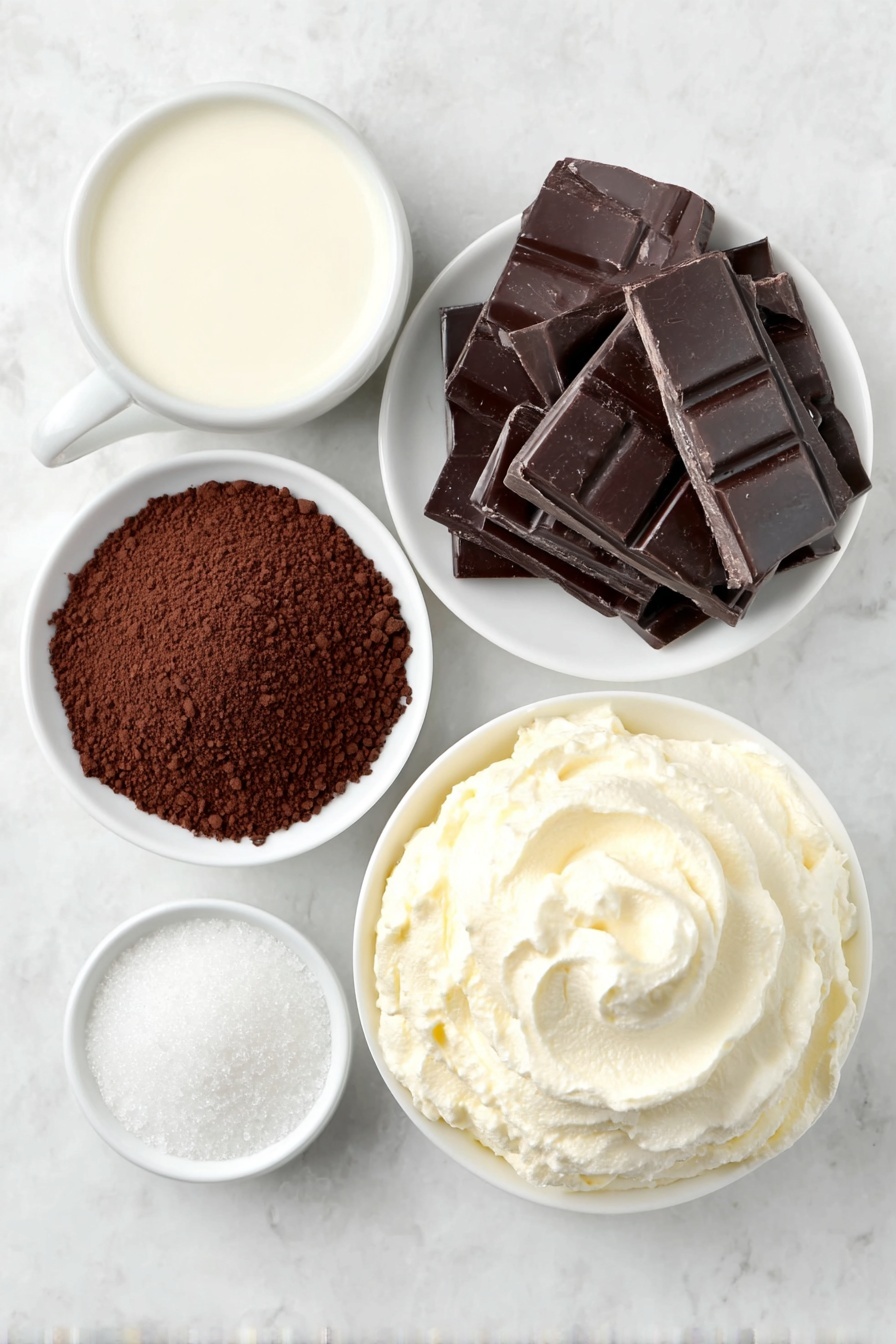 Creamy Homemade Hot Chocolate, homemade hot chocolate, easy hot chocolate recipe, rich hot chocolate, cozy winter drinks - Flat lay of a small white ceramic bowl of whole milk, a small white ceramic bowl of granulated sugar, a small white ceramic bowl filled with unsweetened cocoa powder, a small white ceramic plate holding a few chunk pieces of bittersweet chocolate, a small white ceramic bowl containing pure vanilla extract, and a small white ceramic bowl of fresh homemade whipped cream, arranged in perfect symmetry and realistic proportions, placed on a clean white marble surface, soft natural light, photo taken with an iPhone, professional food photography style, fresh ingredients, white ceramic bowls, no bottles, no duplicates, no utensils, no packaging --ar 2:3 --v 7 --p m7354615311229779997