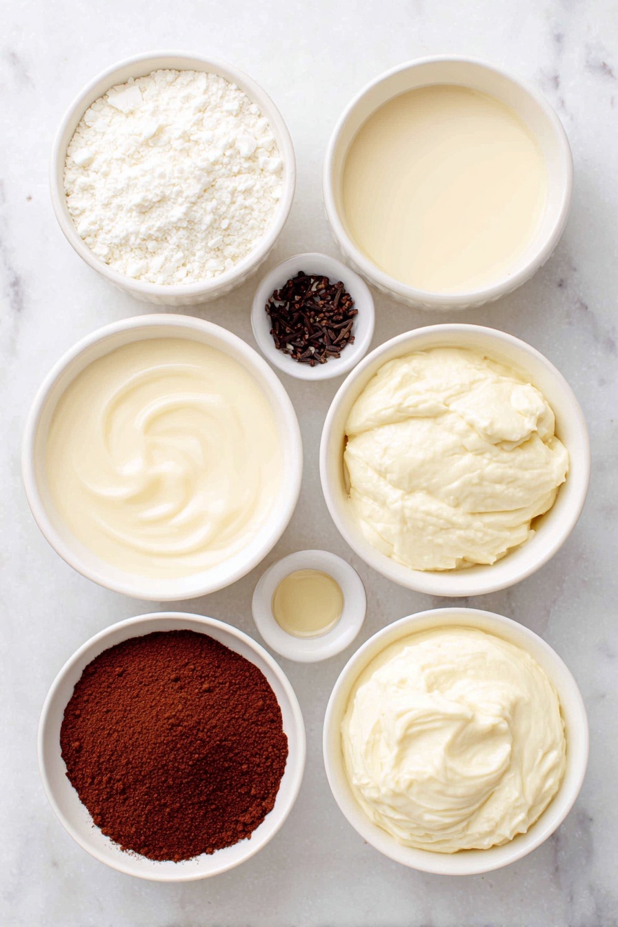 Puerto Rican Coconut Eggnog, Coquito, tropical holiday drinks, creamy coconut eggnog, Puerto Rican festive beverages - Flat lay of a small white ceramic bowl of sweetened condensed milk, a small white ceramic bowl of evaporated milk, a small white ceramic bowl of cream of coconut, a small white ceramic bowl with a few drops of vanilla extract, a small white ceramic bowl filled with ground cinnamon, a small white ceramic bowl with ground nutmeg, a small white ceramic bowl with ground cloves, and a small white ceramic bowl of white rum, all arranged in perfect symmetry and balanced proportions, placed on a clean white marble surface, soft natural light, photo taken with an iPhone, professional food photography style, fresh ingredients, white ceramic bowls, no bottles, no duplicates, no utensils, no packaging --ar 2:3 --v 7 --p m7354615311229779997