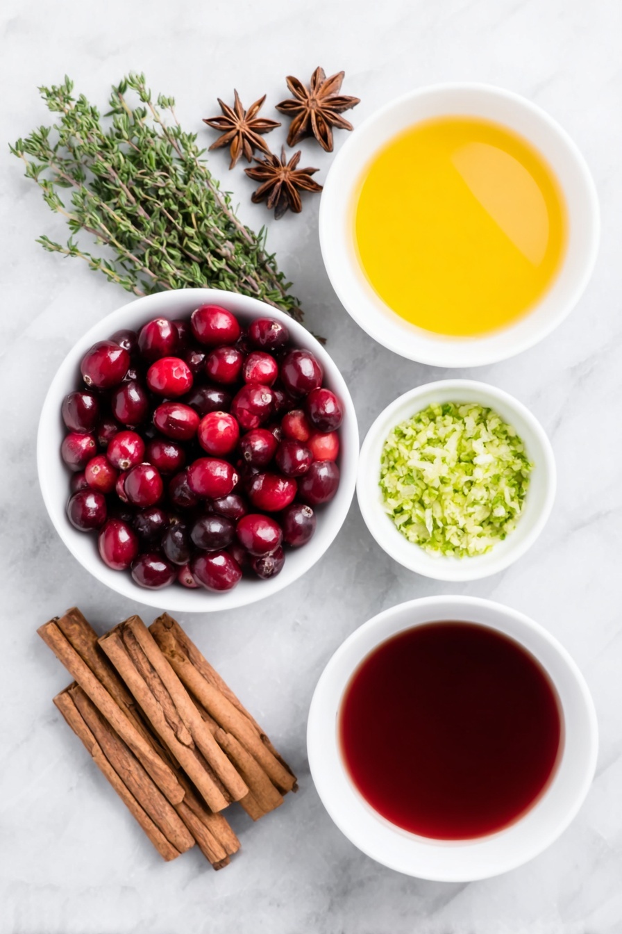 Festive Cranberry Ginger Punch, non-alcoholic holiday drinks, holiday party punch, easy festive punch, cranberry ginger punch recipe - Flat lay of a small white ceramic bowl filled with deep red fresh cranberries, a few fresh green thyme sprigs neatly arranged beside six whole cinnamon sticks, six dark brown star anise pods, a small white bowl containing bright orange fresh orange juice, a small white bowl with vivid red sweetened cranberry juice, another small white bowl holding golden ginger ale, and a separate small white bowl with finely grated green lime zest, all ingredients fresh and natural, perfectly spaced in symmetrical balance on a clean white marble surface, soft natural light, photo taken with an iPhone, professional food photography style, fresh ingredients, white ceramic bowls, no bottles, no duplicates, no utensils, no packaging --ar 2:3 --v 7 --p m7354615311229779997