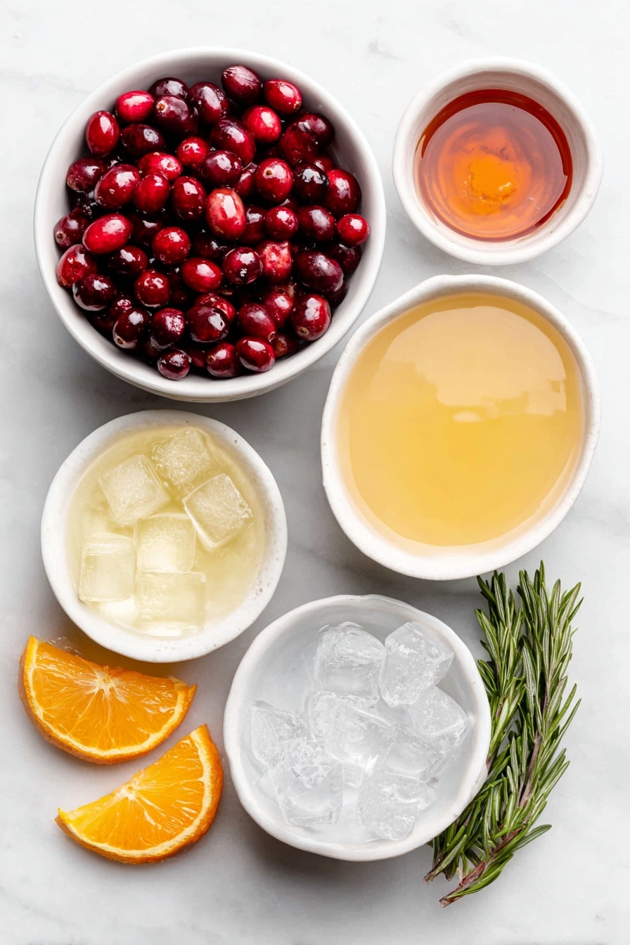 Festive Cranberry Orange Punch, holiday fruit punch, Christmas party drinks, sparkling holiday punch, easy holiday beverage - Flat lay of fresh bright cranberries scattered naturally, a few vivid orange slices with visible juicy texture, a small white ceramic bowl filled with deep red cranberry juice, another small white bowl containing vibrant fresh orange juice, a third small white bowl holding golden sparkling apple cider with bubbles, a fourth small white bowl of light amber ginger ale, a small white bowl with irregular ice cubes, a small white bowl with clear vodka, fresh rosemary sprigs with deep green needles, all arranged symmetrically on a clean white marble surface, soft natural light, photo taken with an iPhone, professional food photography style, fresh ingredients, white ceramic bowls, no bottles, no duplicates, no utensils, no packaging --ar 2:3 --v 7 --p m7354615311229779997