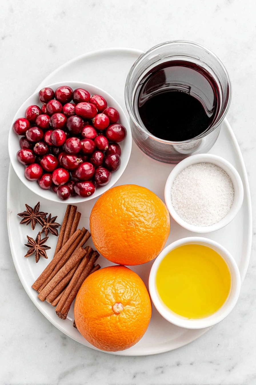 Easy German Mulled Wine, warm festive drinks, holiday mulled wine, cozy winter beverages, homemade mulled wine - Flat lay of two whole oranges, a small white bowl of fresh cranberries, six cinnamon sticks arranged neatly, four star anise pods, ten whole cloves scattered artfully, a small white bowl filled with granulated sugar, a small white bowl containing bright orange juice, and a simple glass carafe of deep red wine set on a simple white ceramic plate, all placed on a clean white marble surface, soft natural light, photo taken with an iPhone, professional food photography style, fresh ingredients, white ceramic bowls, no bottles, no duplicates, no utensils, no packaging --ar 2:3 --v 7 --p m7354615311229779997