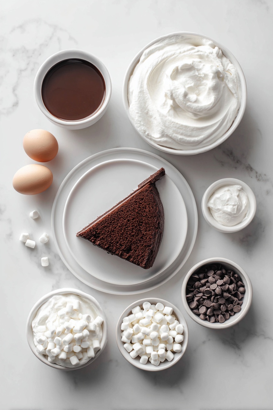 Hot Chocolate Poke Cake, chocolate poke cake, hot cocoa dessert, marshmallow fudge cake, easy chocolate cake recipe - Flat lay of a simple white ceramic plate with a rich chocolate cake slice, a small white bowl of smooth marshmallow creme, a small white bowl of glossy chocolate fudge sauce, a small white bowl of fluffy whipped topping, a small white bowl of fine hot chocolate powder, a small white bowl filled with tiny white mini marshmallows, a small white bowl of mini chocolate chips, and two whole uncracked brown eggs placed symmetrically, all ingredients looking fresh and natural, arranged with perfect balance and symmetry, placed on a clean white marble surface, soft natural light, photo taken with an iPhone, professional food photography style, fresh ingredients, white ceramic bowls, no bottles, no duplicates, no utensils, no packaging --ar 2:3 --v 7 --p m7354615311229779997