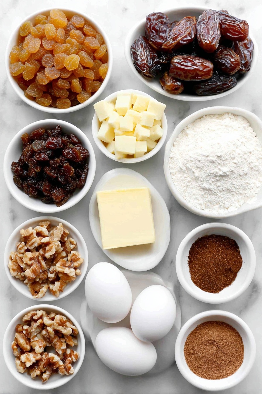 Moist Christmas Fruit Cake, Christmas Fruit Cake, holiday fruit cake recipe, festive Christmas cake, moist holiday cake - Flat lay of a small white ceramic bowl filled with plump golden raisins, a few dried apricots chopped into small pieces beside it, a small white bowl holding bright red glace cherries cut into chunks, a neat pile of diced golden-brown dates, another small white bowl with finely diced sweet mixed peel, a block of pale yellow unsalted butter, a small white bowl of dark brown sugar mounded high, a small white bowl containing clear golden vegetable oil, a small white bowl with glossy dark molasses, three large whole uncracked brown eggs, a small white bowl of plain all-purpose flour, a small white bowl of chopped walnuts, and three small white bowls each holding ground cinnamon, nutmeg, and allspice respectively, all arranged with perfect symmetry on a clean white marble surface, soft natural light, photo taken with an iPhone, professional food photography style, fresh ingredients, white ceramic bowls, no bottles, no duplicates, no utensils, no packaging --ar 2:3 --v 7 --p m7354615311229779997