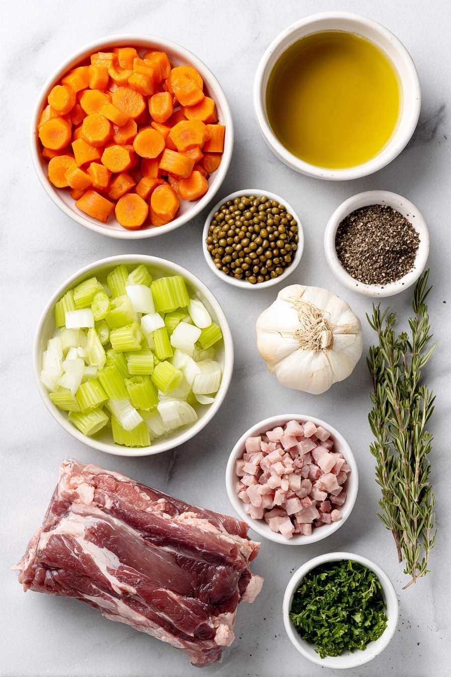 Creamy Split Pea Soup with Ham, hearty split pea soup, ham and pea soup, comfort food recipes, easy ham split pea soup - Flat lay of extra-virgin olive oil in a small white ceramic bowl, one medium peeled and diced onion, three fresh peeled and diced carrots, three crisp celery ribs diced, two whole garlic cloves unpeeled, a small white ceramic bowl of dried green split peas, a few dried thyme sprigs, a small white ceramic bowl of coarse kosher salt, a small white ceramic bowl of freshly ground black pepper, one fresh bay leaf, a meaty ham bone with some ham meat attached, a small white ceramic bowl of low-sodium chicken broth, a small white ceramic bowl of clear water, about one cup of diced fresh ham, and a small pile of finely chopped fresh parsley, all arranged with perfect symmetry on a clean white marble surface, soft natural light, photo taken with an iPhone, professional food photography style, fresh ingredients, white ceramic bowls, no bottles, no duplicates, no utensils, no packaging --ar 2:3 --v 7 --p m7354615311229779997