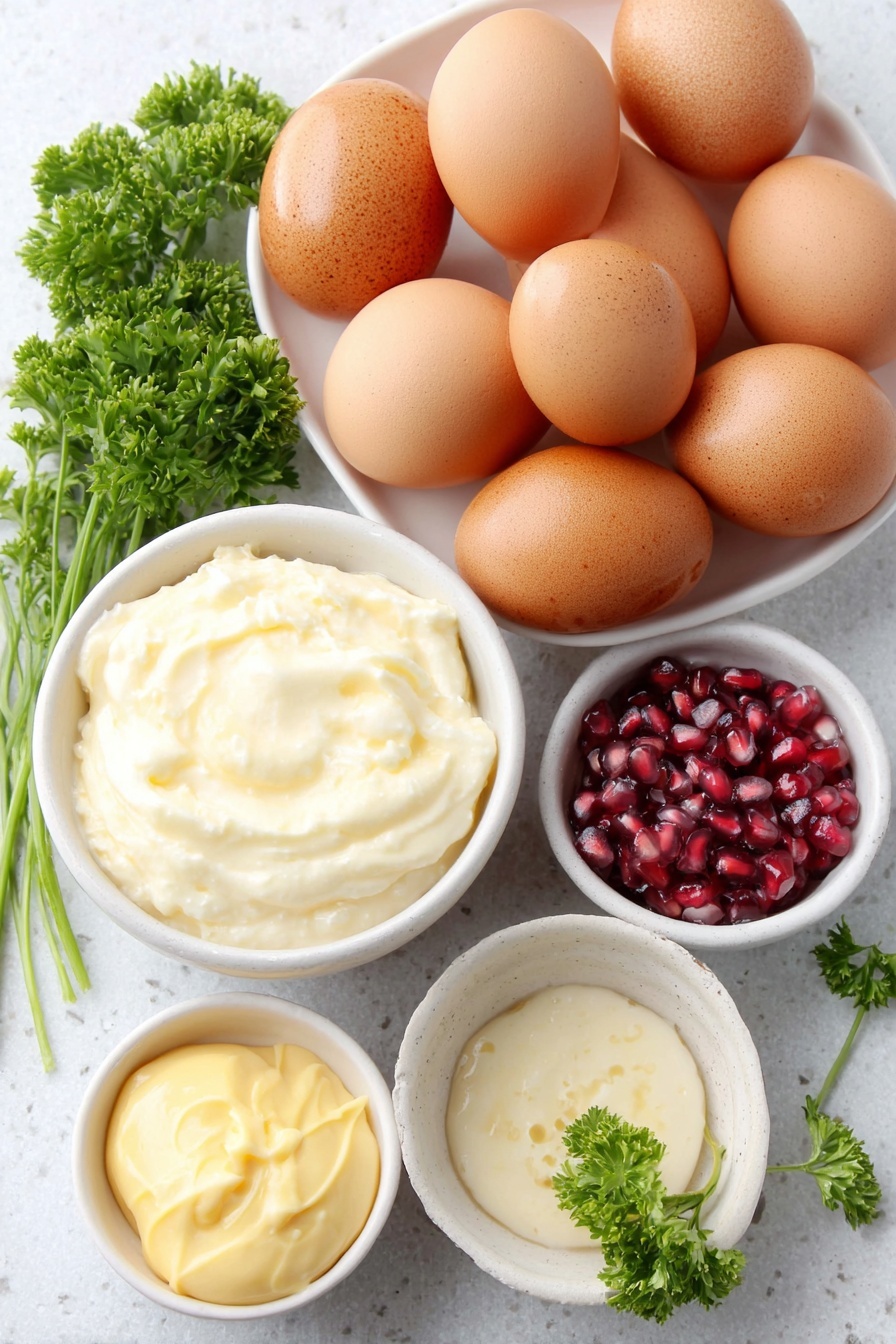 Festive Christmas Deviled Eggs, Christmas appetizer ideas, holiday party finger foods, holiday deviled eggs, festive egg recipes - Flat lay of a dozen whole uncracked brown eggs arranged neatly, a small white ceramic bowl filled with creamy olive oil mayonnaise, another small white bowl containing bright yellow mustard, three fresh parsley sprigs with vibrant green leaves, and a small white bowl holding glossy red pomegranate seeds, all placed on a clean white marble surface, soft natural light, photo taken with an iPhone, professional food photography style, fresh ingredients, white ceramic bowls, no bottles, no duplicates, no utensils, no packaging --ar 2:3 --v 7 --p m7354615311229779997