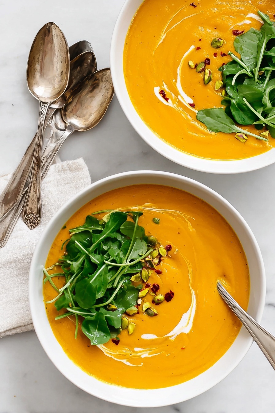 Creamy Sweet Potato Soup with Ginger, healthy sweet potato soup, comforting ginger soup, easy vegan sweet potato soup, velvety vegetable soup - Two white bowls filled with bright orange creamy soup with a smooth texture. Each bowl has a swirl of light cream mixed on one side. On top of the soup, there is a small heap of fresh green leafy watercress placed near the upper edge. Scattered on the soup near the watercress are small pieces of chopped green pistachios and tiny red pepper flakes. One bowl shows the silver spoon resting inside the soup on the right side. The bowls are placed on a white marbled surface with two vintage silver spoons placed beside the top bowl. Photo taken with an iphone --ar 2:3 --v 7