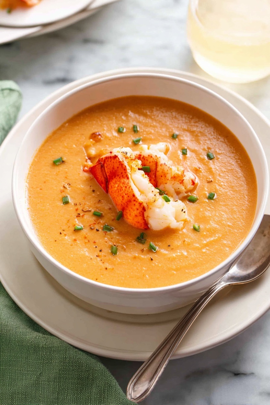 Creamy Lobster Bisque, lobster bisque recipe, seafood soup, luxurious lobster bisque, restaurant-quality lobster soup - A white bowl filled with thick, creamy orange soup, topped with two pieces of cooked lobster claw meat that have a bright orange and white color and slightly shiny texture. The soup is sprinkled with small green chive pieces, and there is a silver spoon resting on the right side of the bowl. The bowl sits on a white plate over a white marbled surface, with a green cloth visible on the left and a pale yellow drink in a glass near the top right. photo taken with an iphone --ar 2:3 --v 7