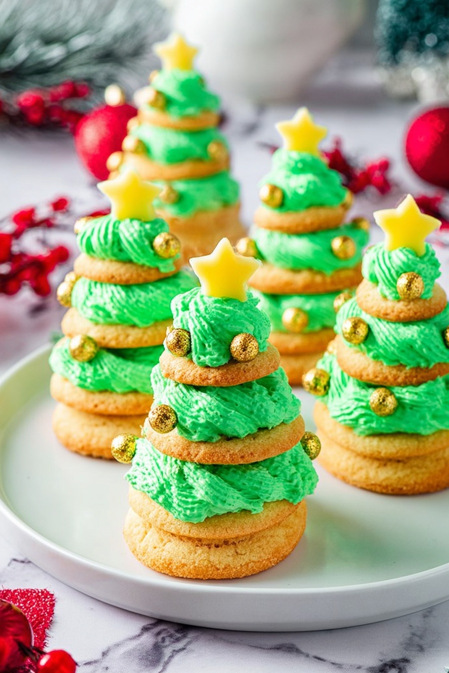 Christmas Tree Cookies with Buttercream Frosting, festive holiday cookies, Christmas tree cookie recipe, buttercream frosting cookies, holiday baking treats - The image shows several small Christmas tree-shaped desserts made by stacking three round golden cookies with bright green frosting layers between each cookie, creating three distinct layers. The frosting is thick, textured, and piped in a way that forms a tree-like shape, with golden edible balls decorating the green frosting layers like ornaments. Each dessert is topped with a small yellow star decoration on the top layer of frosting. The cookies and frosting sit on a white plate placed on a white marbled surface, with some red berries and festive decorations in the background. photo taken with an iphone --ar 2:3 --v 7