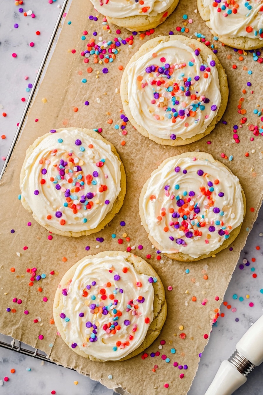 Confetti Cake Mix Cookies, colorful sugar cookies recipe, easy celebration cookies, vibrant sprinkles cookie recipe, soft chewy cake mix cookies - Six soft round cookies are shown on a white marbled surface lined with brown parchment paper and a wire cooling rack. Each cookie has one thick, creamy white frosting layer swirled on top, covering nearly the entire cookie. The frosting is dotted with colorful round confetti sprinkles in red, purple, orange, aqua blue, and white, scattered both on the frosting and the paper around the cookies. At the bottom right corner, a white piping bag with a metal tip is partly visible as if it was just used to decorate the cookies. Photo taken with an iphone --ar 2:3 --v 7