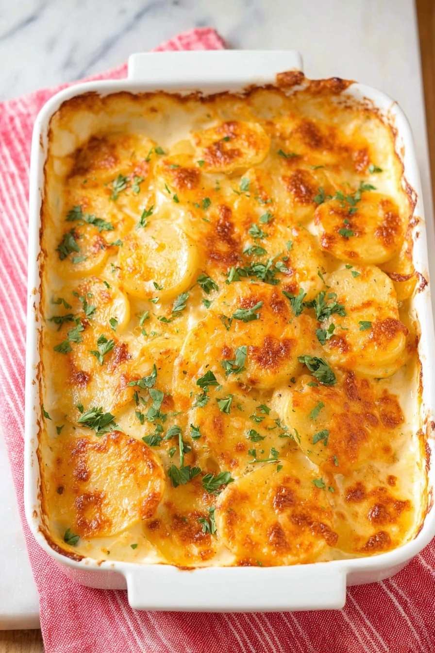 Cheesy Scalloped Potatoes, scalloped potato side dish, cheesy potato casserole, creamy scalloped potatoes, easy scalloped potato recipe - A white rectangular ceramic dish filled with baked scalloped potatoes. The dish has one thick visible layer of sliced potatoes cooked in a creamy sauce with a golden-brown cheesy top. The cheese is melted and slightly browned, covering the round potato slices with some sprinkled green parsley leaves on top for garnish. The dish rests on a pink cloth with red stripes on a white marbled surface. Photo taken with an iphone --ar 2:3 --v 7