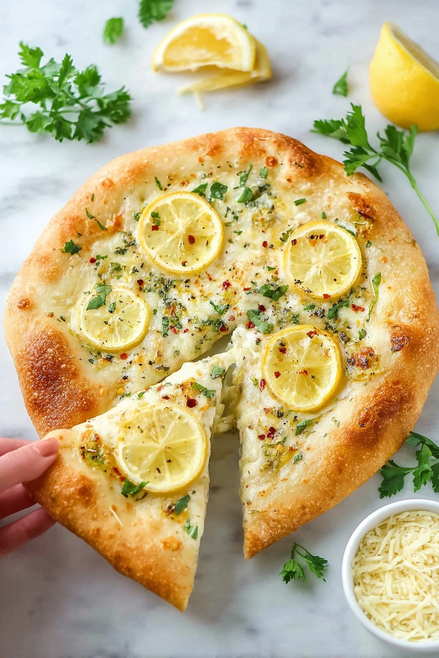 Lemon Mozzarella Pizza, lemon mozzarella pizza recipe, fresh citrus pizza, easy lemon pizza, homemade lemon cheese pizza - A golden-baked pizza with a thick, fluffy crust sits on a white marbled surface, topped with a white creamy cheese layer spread evenly across its base. Over the cheese, there are green leafy herbs scattered around and three thin, round lemon slices placed on the top right, center, and bottom left areas of the pizza. There are small flakes of red pepper sprinkled across the surface, adding subtle speckles of color. Fresh green parsley leaves are dotted around the pizza, enhancing its fresh look. Around the pizza, there are extra lemon wedges and parsley leaves resting on the white marbled texture. Near the bottom, a small white bowl filled with light yellow grated cheese is placed close by. photo taken with an iphone --ar 2:3 --v 7
