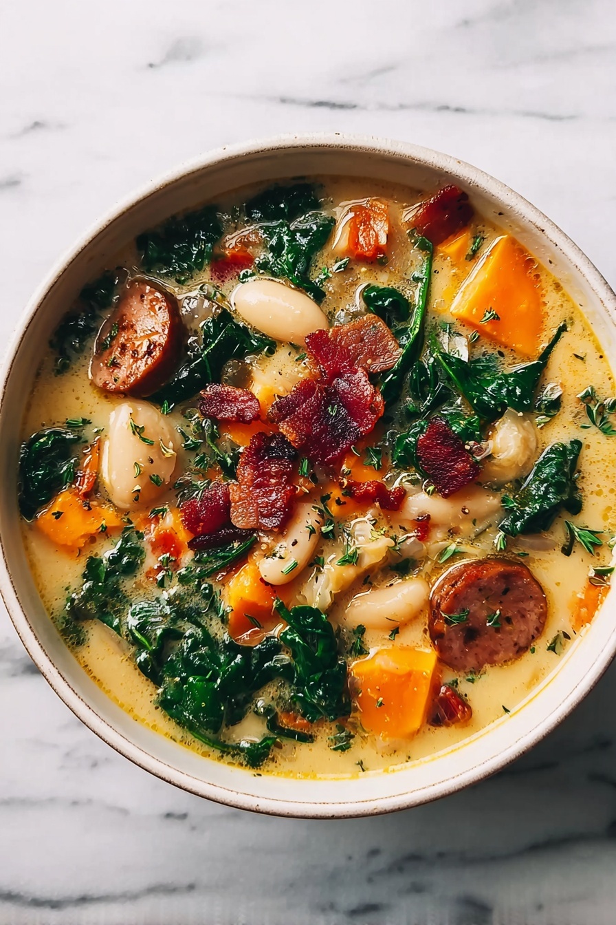 Creamy Butternut Squash Soup with Kale, healthy butternut squash soup, hearty vegetable soup, vegan-friendly butternut squash recipe, cozy fall soups - A white bowl filled with creamy soup containing soft orange chunks, large white beans, bright green leafy vegetables, slices of browned sausage, and crispy dark red bacon pieces scattered on top. The soup is light beige in color, with visible green herbs sprinkled throughout. The bowl sits on a white marbled surface. Photo taken with an iphone --ar 2:3 --v 7