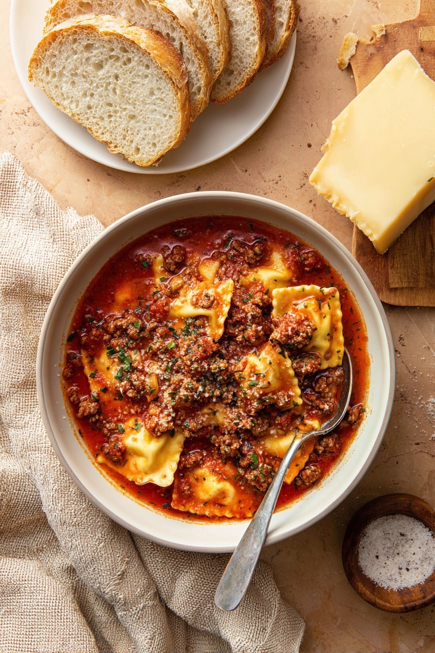 Cheese Ravioli Soup with Tomato Broth, ravioli soup recipe, easy tomato ravioli soup, comforting weeknight soup, quick cheese ravioli soup - A white bowl filled with ravioli in a rich red tomato sauce, topped with browned ground meat and small green herb pieces scattered over the top. The ravioli are pale yellow with crimped edges visible beneath the sauce. A silver spoon rests inside the bowl on the right side. Above and to the right of the bowl is a white plate holding three slices of crusty brown bread with light flour dusting on the edges. The bowl and plate sit on a warm-toned surface, mostly covered by a beige textured cloth on the left side. In the bottom right corner, a wooden cutting board holds a block of pale yellow cheese with a slightly rough texture, next to a small round wooden bowl of coarse salt mixed with pepper. photo taken with an iphone --ar 2:3 --v 7