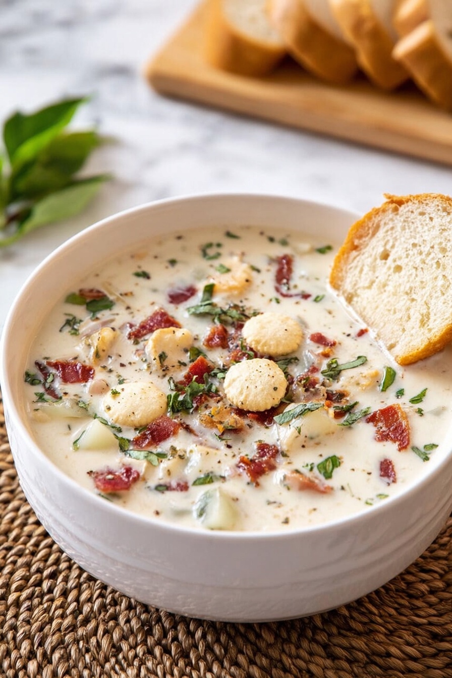 Creamy Clam Chowder, clam chowder recipe, homemade clam chowder, easy clam chowder, comforting seafood soup - A white bowl filled with creamy white soup that has small pieces of red bacon, green herbs, and bits of white potato mixed throughout. On top of the soup, there are several small round oyster crackers scattered and a half piece of light brown bread resting on the edge of the bowl. The bowl sits on a woven brown mat on a white marbled surface. In the background, there is a blurry light brown wooden board with slices of bread. Photo taken with an iphone --ar 2:3 --v 7
