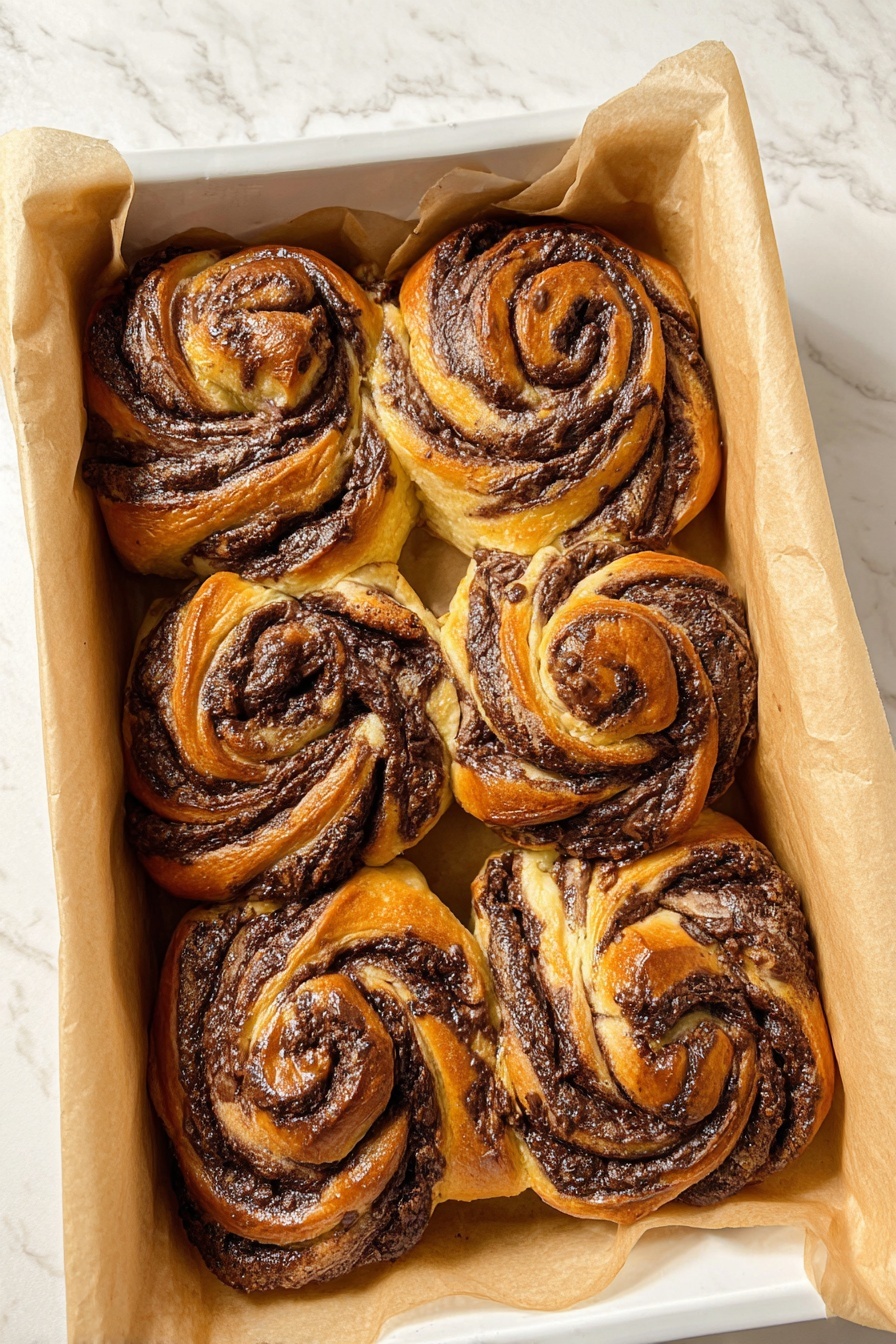Chocolate Swirl Buns, chocolatey buns, easy sweet bread, homemade chocolate buns, soft buttery buns - Four twisted buns with swirled layers of golden brown dough and dark chocolate filling are placed on a black wire cooling rack. The buns show a shiny, slightly crisp surface and textured, rich chocolate patterns that run through each twisted layer. The rack sits on a white marbled texture background, and there is soft natural light highlighting the glazes on the buns. Photo taken with an iphone --ar 2:3 --v 7