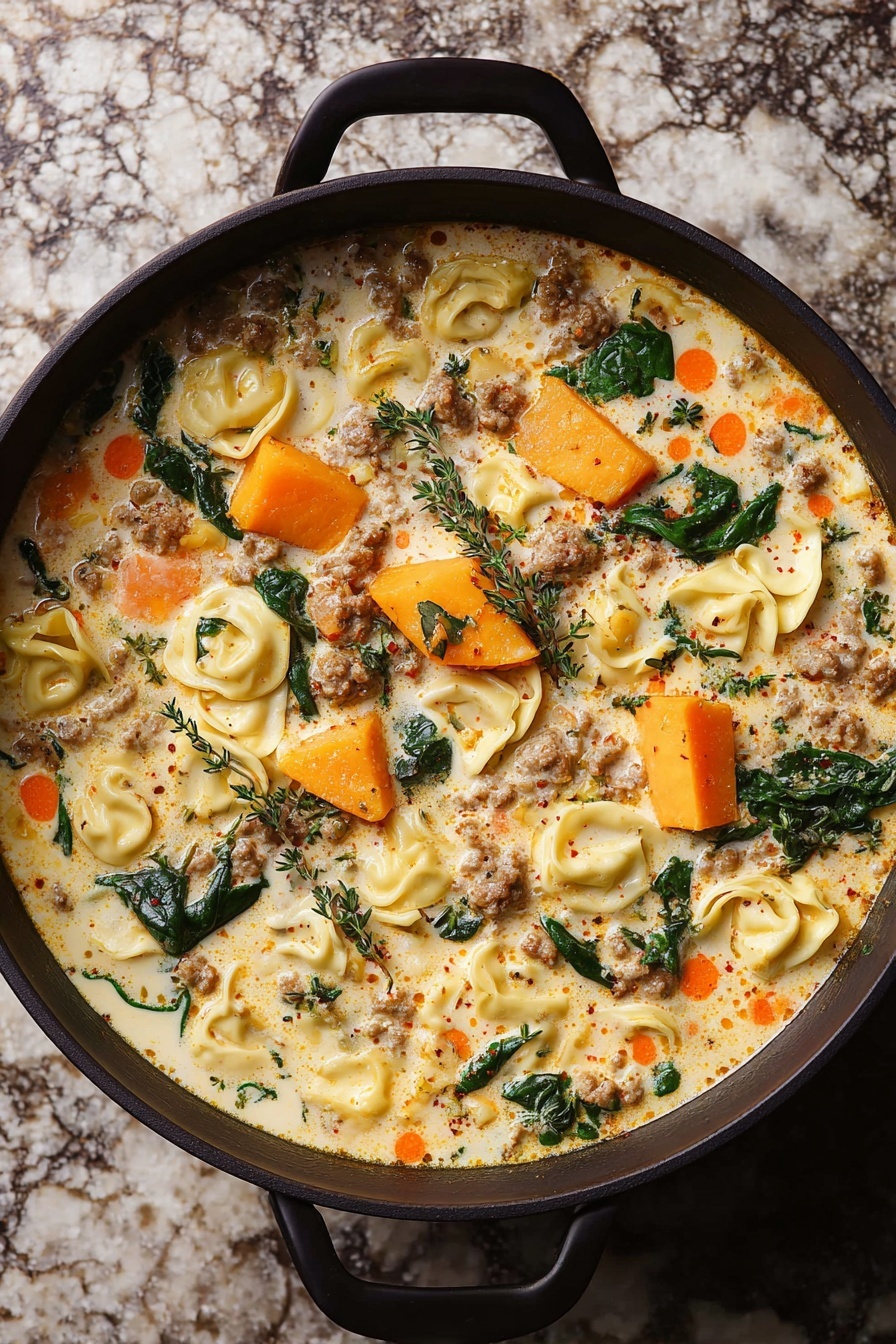 Creamy Sausage Tortellini Soup, hearty sausage tortellini soup, easy sausage soup with tortellini, comforting sausage and tortellini soup, quick sausage tortellini dinner - A black pan filled with a creamy soup that has three main layers: chunks of orange squash, yellow tortellini pasta, and small pieces of cooked ground meat spread evenly throughout. The soup base is light-colored cream with orange oil spots floating on top. Dark green spinach leaves and sprigs of fresh herbs are scattered on the surface. The pan is placed on a textured white marbled surface. photo taken with an iphone --ar 2:3 --v 7