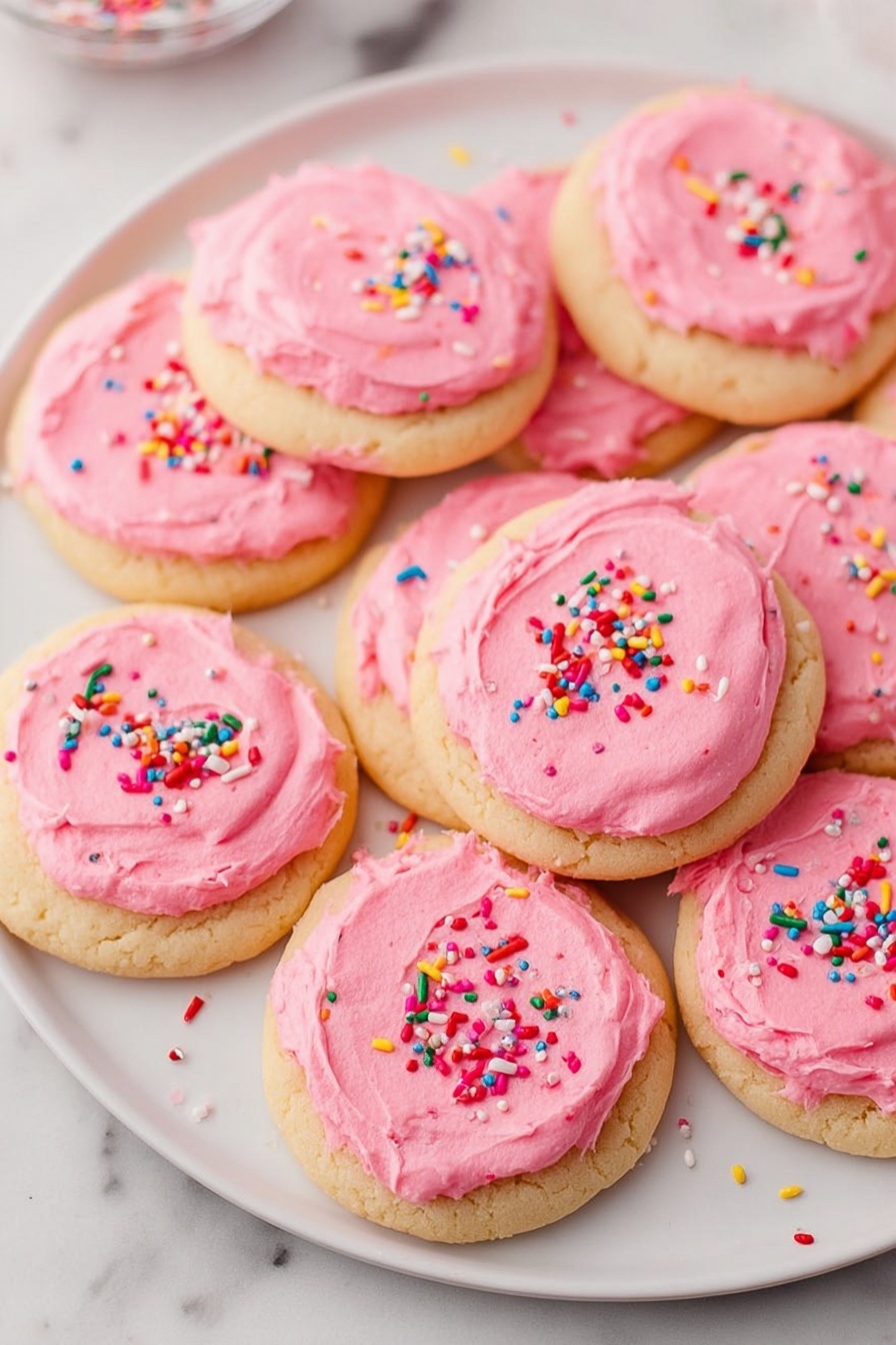 Frosted Sugar Cookie, easy sugar cookies, soft sugar cookies, homemade sugar cookies, cookie frosting - The image shows a white plate holding nine round cookies, each topped with a thick layer of bright pink frosting. The cookies have a light golden-brown color and slightly rough texture. The frosting is creamy with a smooth, slightly uneven spread on each cookie, sprinkled with colorful rainbow sprinkles in reds, whites, blues, yellows, and greens. The plate sits on a white marbled surface with some sprinkles scattered around the edges. Photo taken with an iphone --ar 2:3 --v 7