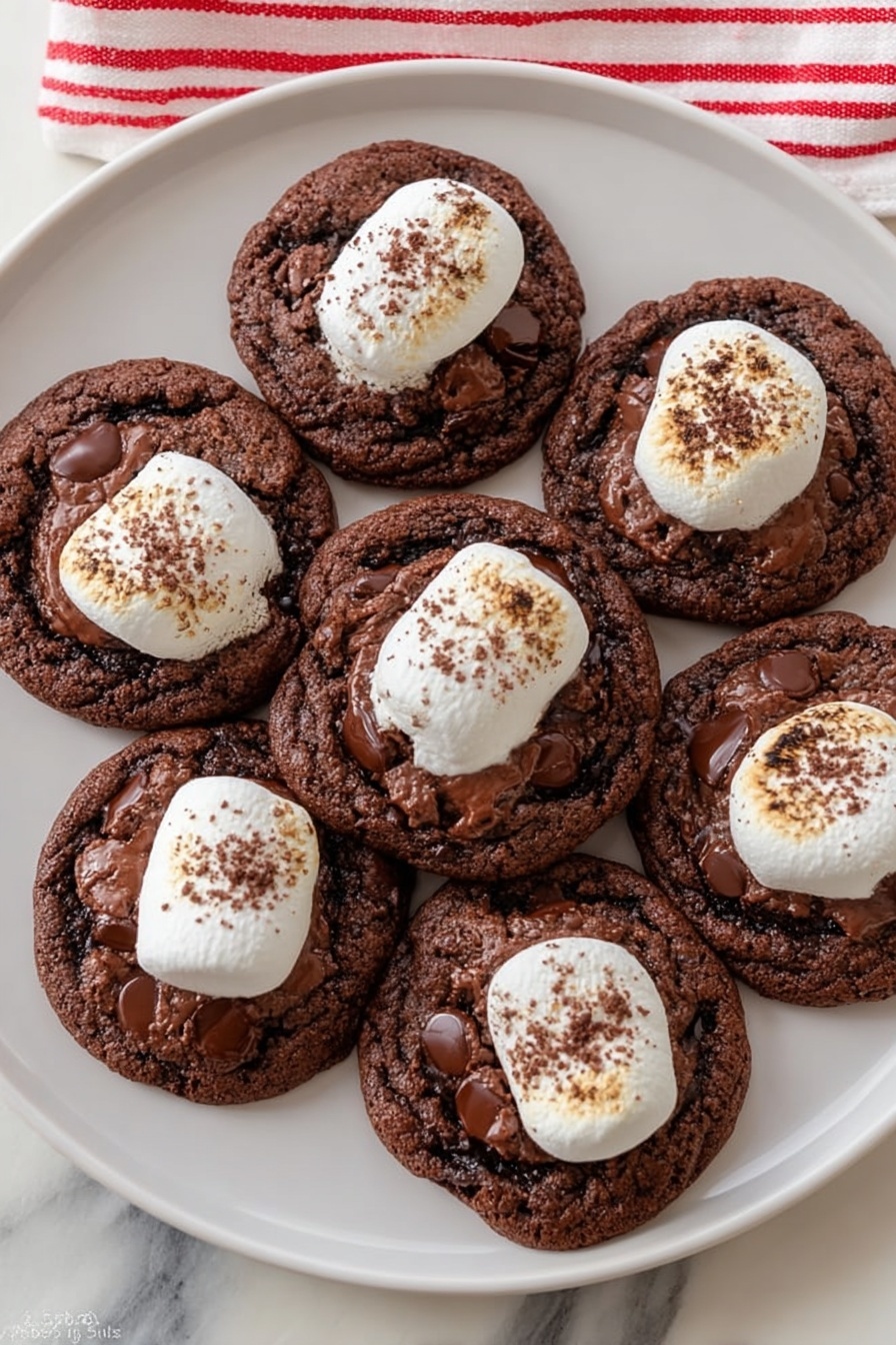 Hot Chocolate Cookies with Marshmallows, Chocolate Cookies with Marshmallows, Cozy Hot Chocolate Cookies, Gourmet Marshmallow Cookies, Easy Hot Chocolate Cookies - The image shows a white plate filled with seven round chocolate cookies, each topped with a single white toasted marshmallow that has a soft, smooth texture and a slightly browned surface. The cookies are dark brown with visible chunks of melted chocolate scattered across the top, giving a rich and glossy look. The cookies are arranged in a neat group, covering most of the plate. The background is a white marbled surface, and a red and white striped cloth is partially visible in the top left corner. photo taken with an iphone --ar 2:3 --v 7