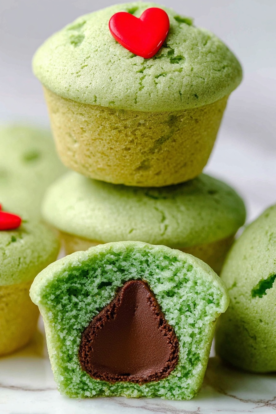 Green Hershey’s Kiss Cookie Cups, festive holiday cookie recipes, easy chocolate cookie bites, no-bake cookie cups, green candy cookie treats - The image shows a stack of green muffins with a soft texture, each with a fluffy top layer that has small cracks and a light green color. The top muffin has a small red heart decoration placed near the center of its domed top. The middle muffin is plain, showing the same green color with airy holes. In front, a muffin is cut in half, revealing two layers: the top fluffy green layer and a smooth chocolate layer shaped like a teardrop inside, topped with a small red heart decoration on the surface. The muffins sit on a white marbled surface with soft lighting. Photo taken with an iphone --ar 2:3 --v 7