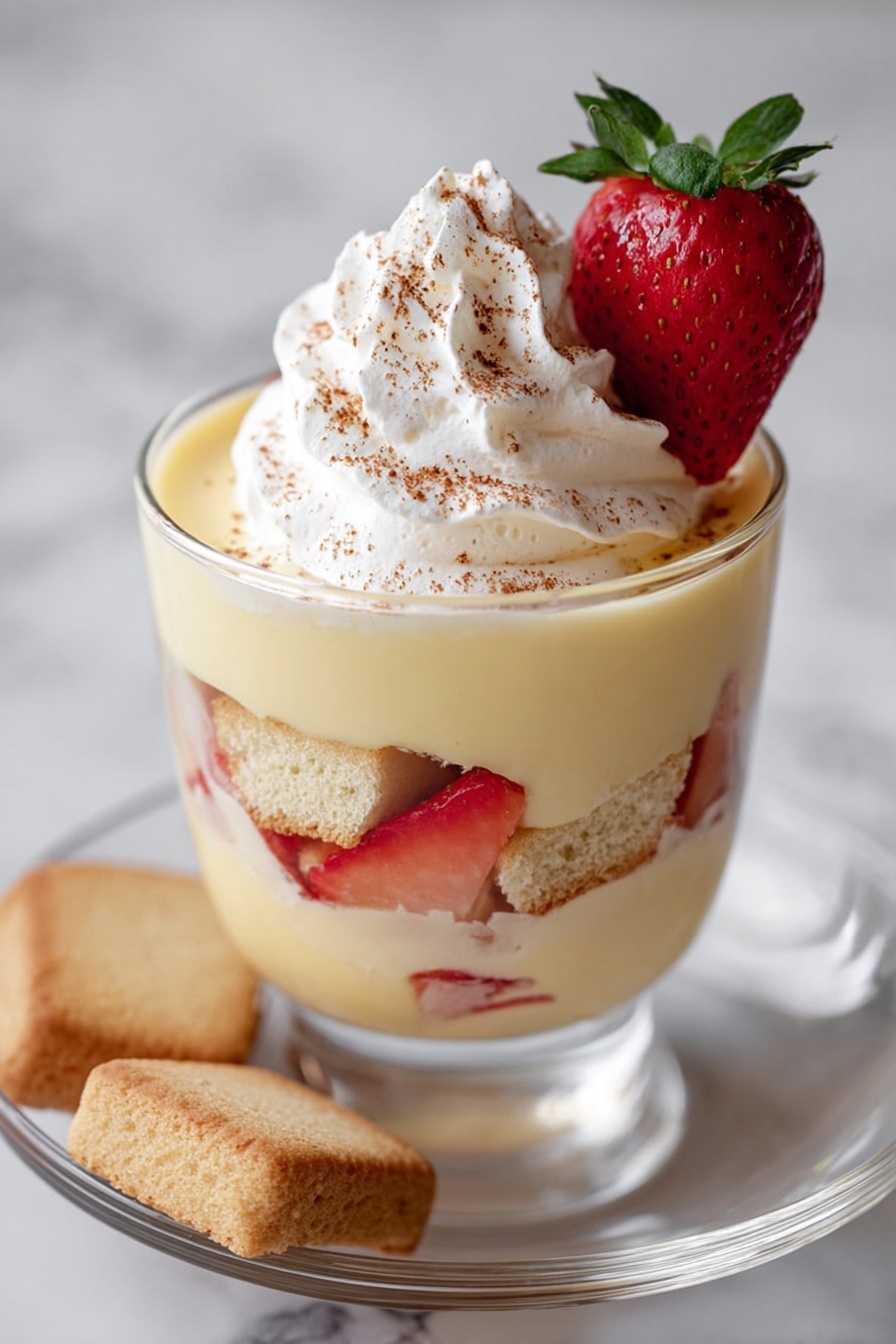 Authentic Italian Zabaglione, Italian Zabaglione Dessert, How to Make Zabaglione, Classic Italian Custard, Italian Desserts - This dessert is shown in a clear glass cup with three visible layers. The bottom layer is light yellow creamy pudding with sliced strawberries pressed against the glass. The middle layer has sponge cake pieces soaked in the pudding, breaking the smooth texture. The top layer is a thick swirl of white whipped cream, sprinkled lightly with brown cinnamon powder, and topped with a half strawberry with green leaves. The glass cup sits on a clear white plate with a light brown biscuit beside it, all on a white marbled surface. Photo taken with an iphone --ar 2:3 --v 7