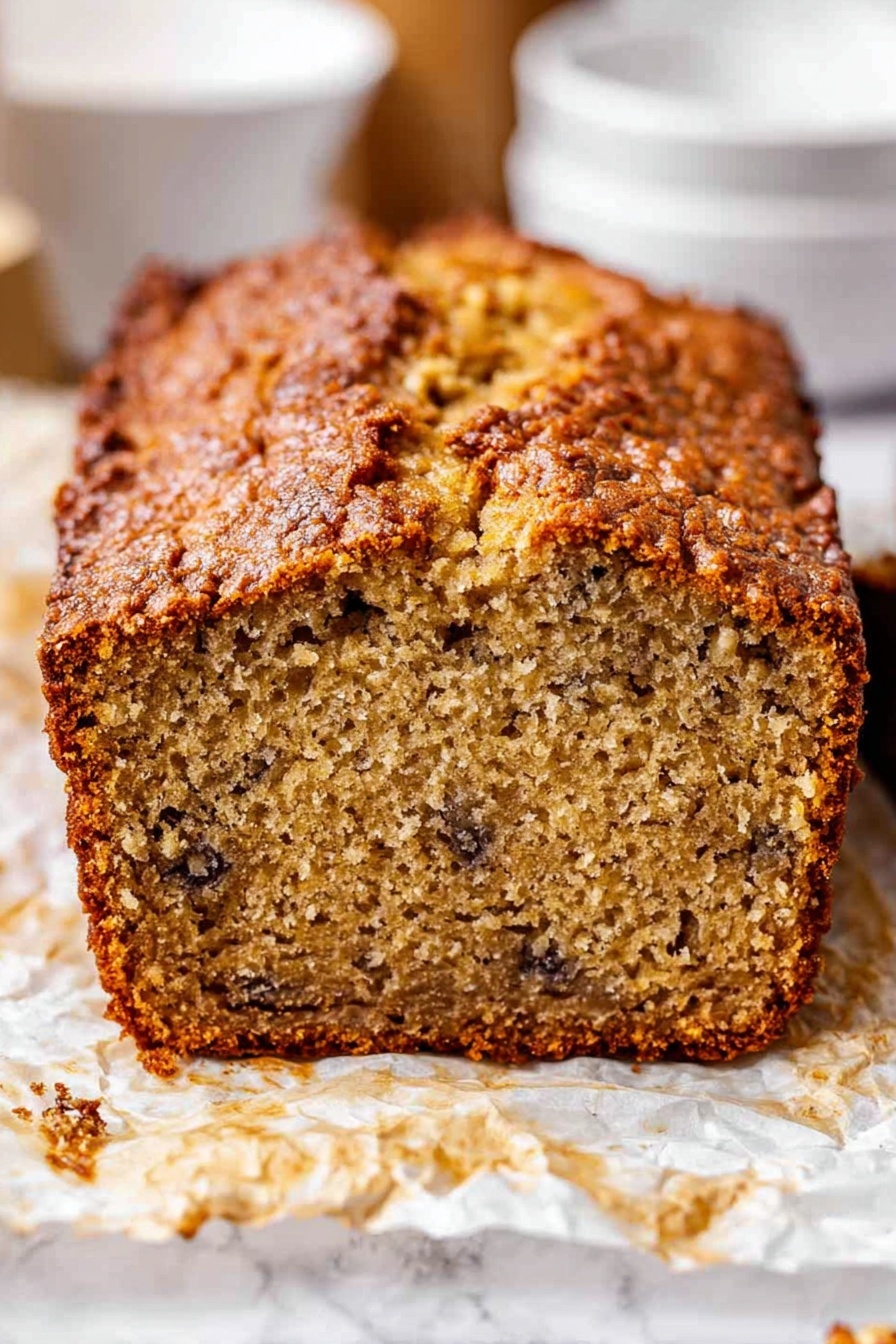 Moist Banana Bread, Banana Bread Recipe, Easy Banana Bread, Best Banana Bread, Homemade Banana Bread - A close-up view of a single thick slice of nut bread resting on crinkled parchment paper on a white marbled surface. The bread has a rough, golden-brown crust that looks crunchy and textured on top and around the edges. Inside the slice, the soft, moist crumb is light golden with scattered dark pieces of nuts giving a speckled pattern across the slice. The shape is a neat rectangle with slightly rounded corners and the crumb looks dense but tender. In the background, there are some blurred white bowls on the white marbled surface. Photo taken with an iphone --ar 2:3 --v 7