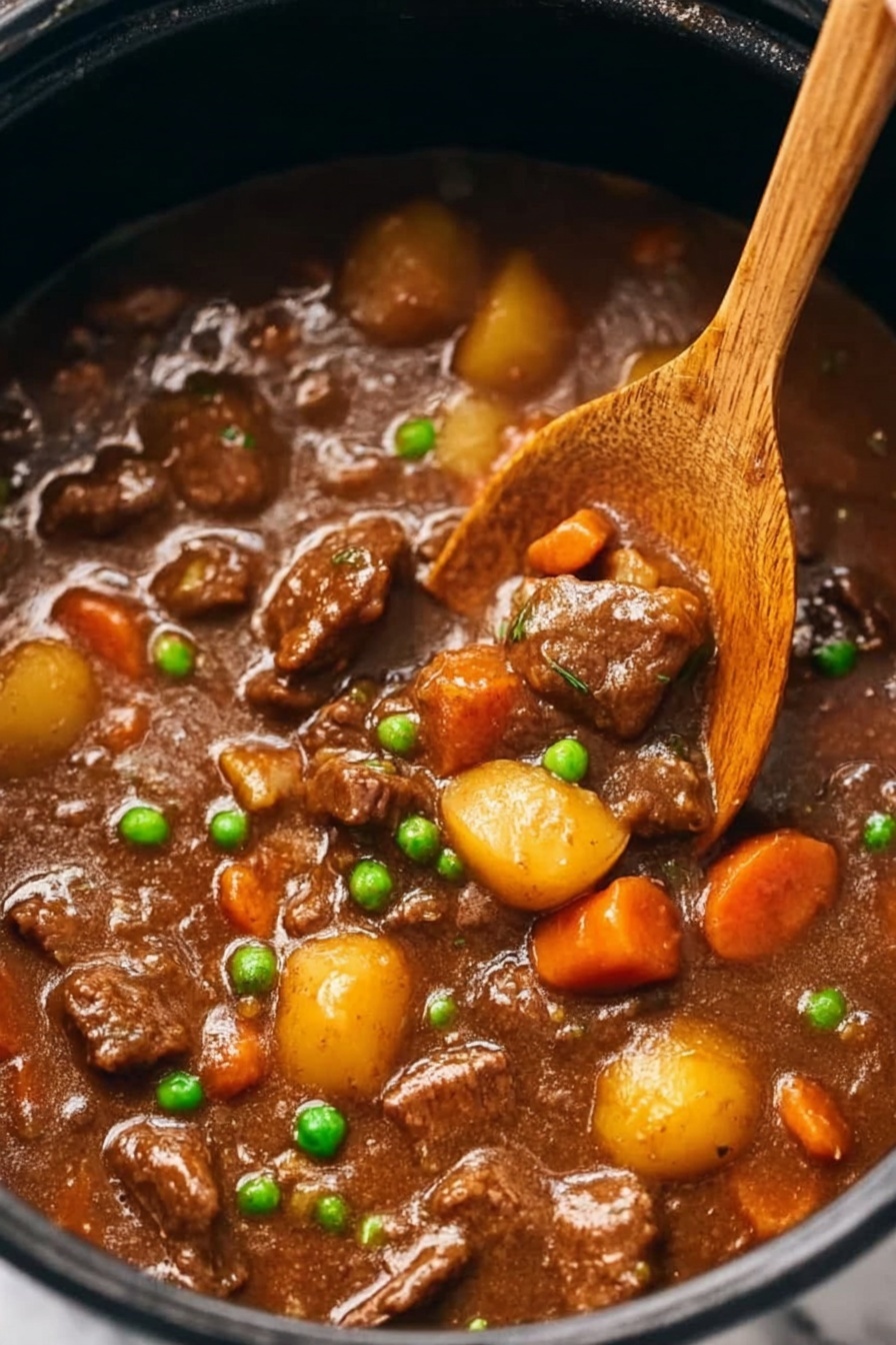 Slow Cooker Beef Stew, hearty beef stew, easy beef stew, crockpot beef stew, comforting beef stew - A close-up view of a black pot filled with thick brown stew that has a shiny, smooth surface. Inside the stew, there are many chunks of tender-looking brown meat scattered throughout. Bright orange carrot pieces, small round yellow potatoes, and green peas are mixed evenly in the stew, adding color contrast. A woman's hand is holding a wooden spoon stirring the stew, lifting some pieces of meat and vegetables above the surface. The background is a white marbled texture. Photo taken with an iphone --ar 2:3 --v 7