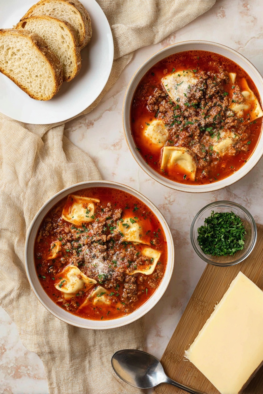 Cheese Ravioli Soup with Tomato Broth, ravioli soup recipe, easy tomato ravioli soup, comforting weeknight soup, quick cheese ravioli soup - The image shows two white bowls filled with ravioli soup, each bowl holding three visible layers: a bright red tomato broth base with a smooth texture, soft triangular ravioli pieces with a light cream color floating near the top, and browned ground meat sprinkled generously over the ravioli with some green parsley on top for color contrast. To the left, there is a white plate with three slices of toasted bread stacked slightly on each other. The scene is set on a white marbled surface with a beige cloth loosely placed behind the bowls. In the lower right corner, a wooden board has a large block of pale yellow cheese next to a silver spoon, while next to it is a small clear bowl filled with chopped green herbs. photo taken with an iphone --ar 2:3 --v 7