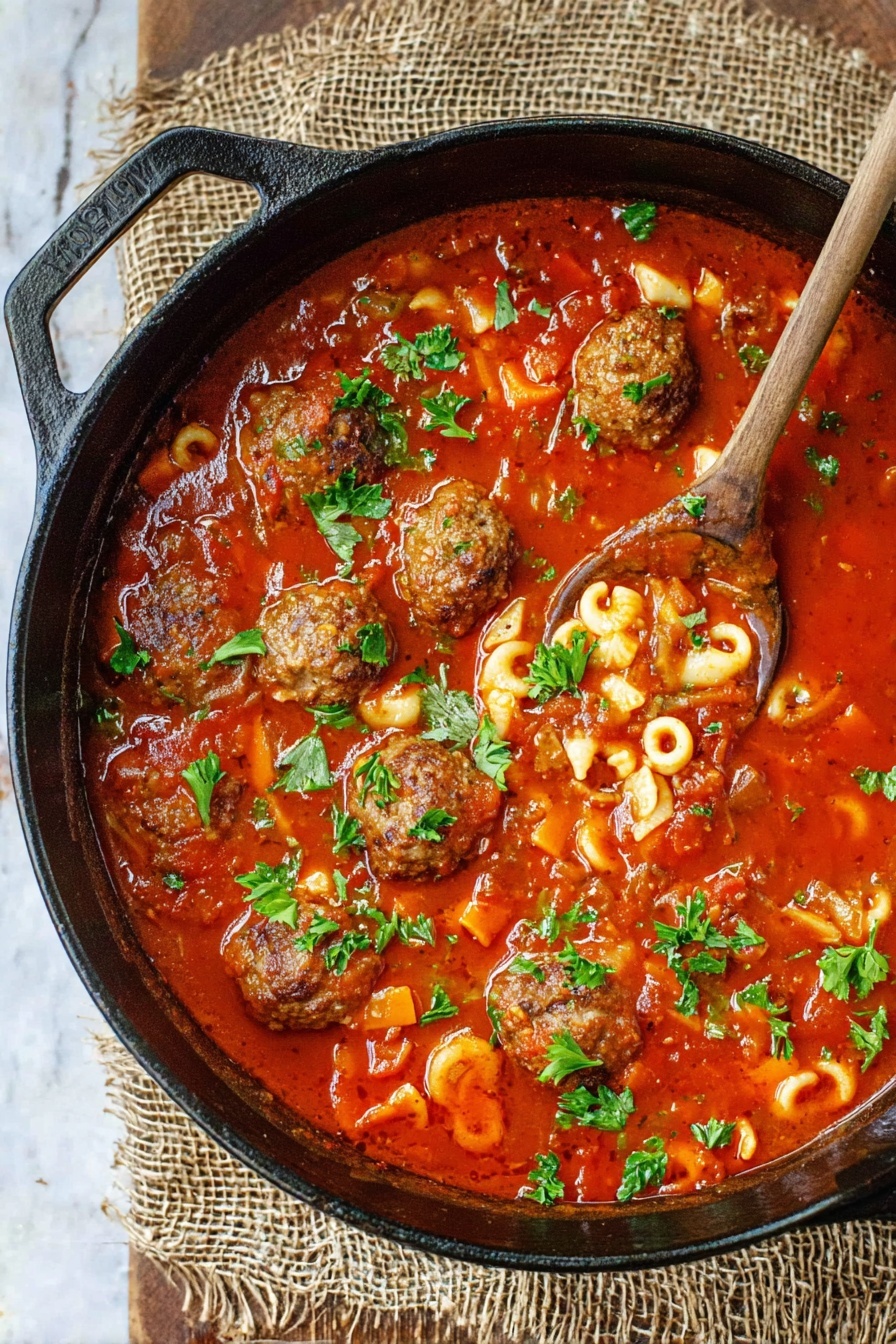 Hearty Meatball Soup with Pasta, comforting meatball soup, easy homemade meatball soup, hearty pasta soup recipe, flavorful meatball and pasta soup - A black cast iron pot filled with thick red tomato soup that has small meatballs scattered on top. The soup shows small diced orange carrot pieces, green herbs, and small bits of pasta shaped like rings floating throughout. Bright green parsley leaves sit on top of some meatballs, and a wooden spoon is digging into the soup from the right side. The pot sits on a piece of rough brown burlap, all on a white marbled surface. Photo taken with an iphone --ar 2:3 --v 7