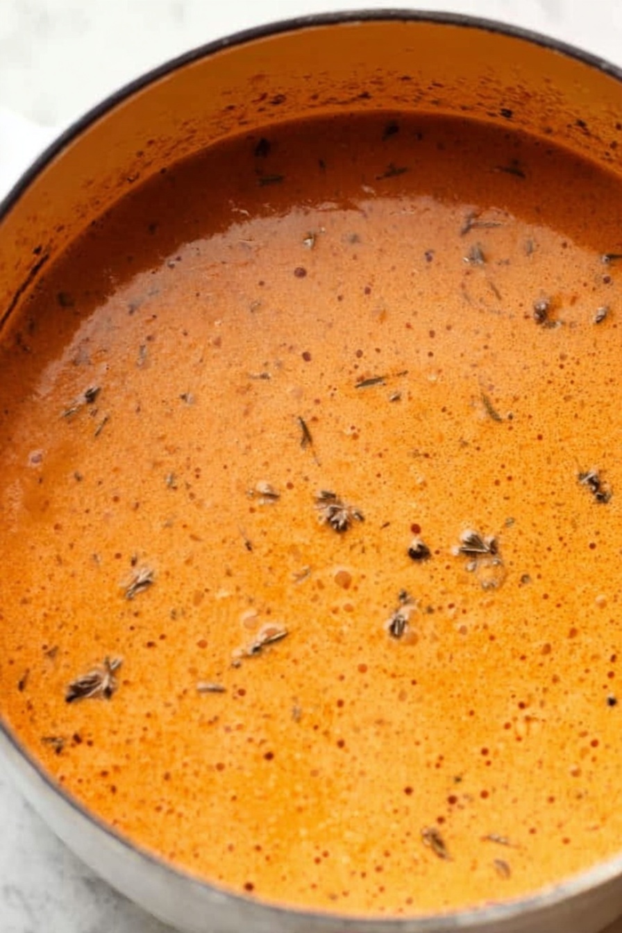 Creamy Lobster Bisque, lobster bisque recipe, seafood soup, luxurious lobster bisque, restaurant-quality lobster soup - A close-up view of a pot filled with a thick orange soup that has a creamy texture. The soup contains small bits of dark brown or black herbs scattered throughout. The surface of the soup is smooth with visible tiny bubbles and specks, showing a rich and hearty mixture. The pot is sitting on a white marbled surface, and no utensils or other items are around. Photo taken with an iphone --ar 2:3 --v 7