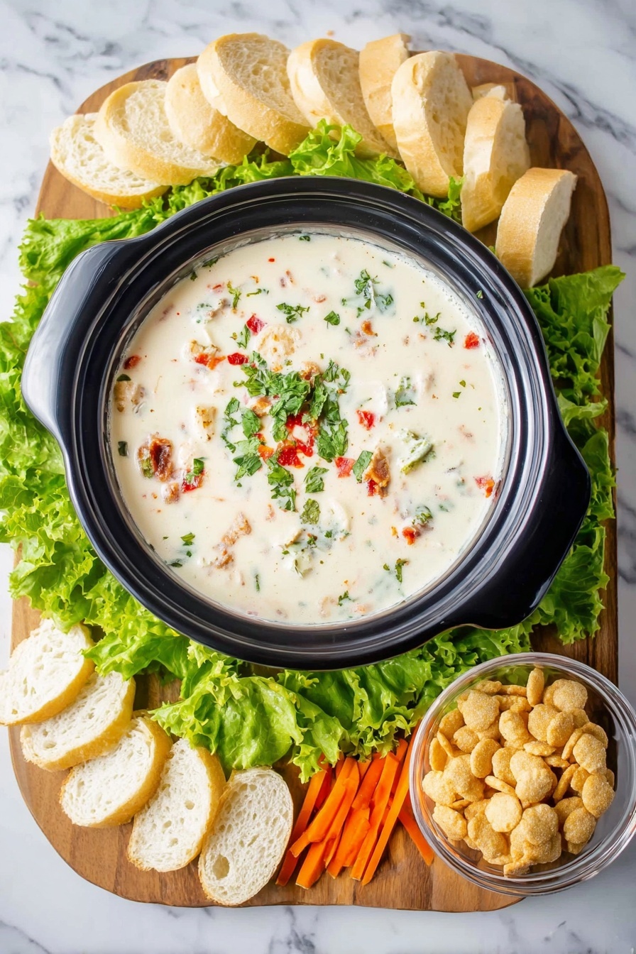 Creamy Clam Chowder, clam chowder recipe, homemade clam chowder, easy clam chowder, comforting seafood soup - A black bowl sits in the center of the image filled with creamy white soup that has green herbs, red pepper bits, and small pieces of meat floating on top. Around the bowl is a white wooden platter lined with fresh green lettuce leaves mixed with shredded orange carrots. On the top and bottom edges of the platter, there are multiple slices of white bread with a soft texture and light brown crust. To the right side of the platter is a small clear glass bowl full of oyster crackers. The whole setup is placed on a white marbled surface. Photo taken with an iphone --ar 2:3 --v 7