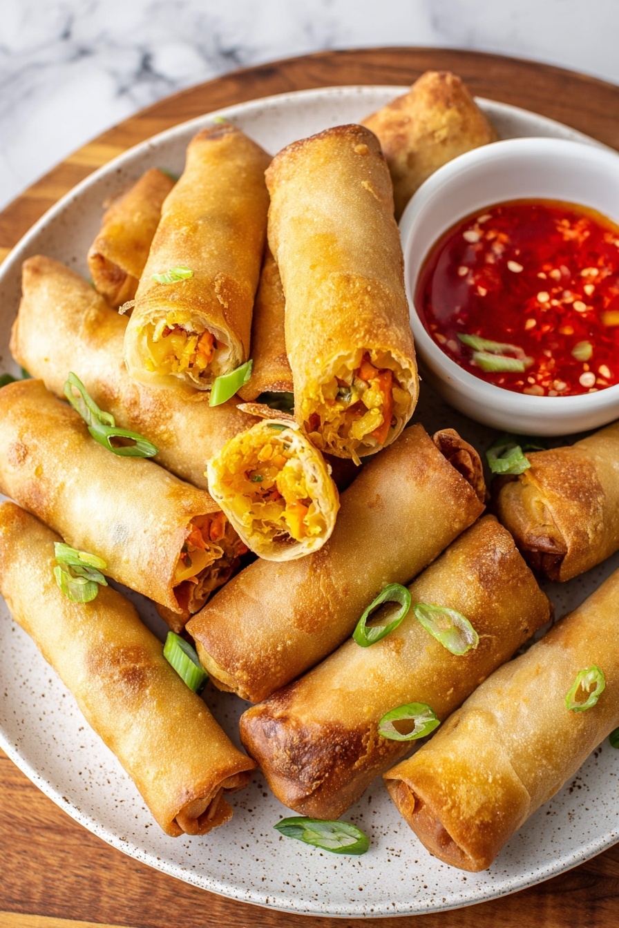 Vegetable Sweet Potato Spring Rolls, healthy spring rolls, veggie spring roll recipe, crispy vegetable rolls, vegan spring rolls - A round white textured plate holds a pile of small golden spring rolls, some whole and some cut open to show a soft, orange vegetable filling inside. The spring rolls have a crispy, slightly shiny surface with a few light brown spots. They are garnished with thin slices of green onions scattered on top. On the side of the plate, a small white round cup holds red chili sauce with visible chili bits and seeds. The plate sits on a wooden surface with a white marbled texture in the background. photo taken with an iphone --ar 2:3 --v 7