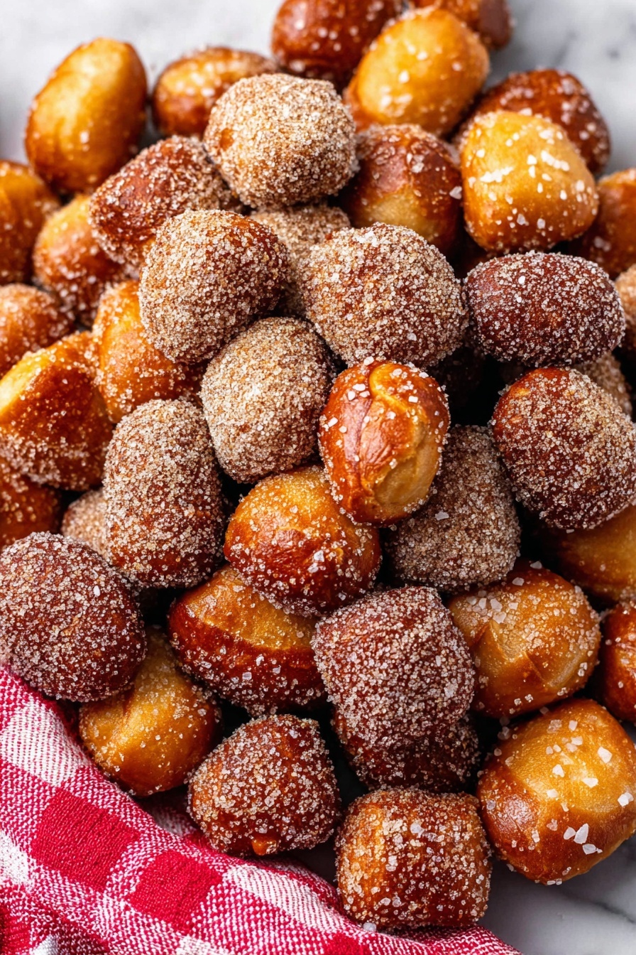 Soft Pretzel Bites, homemade soft pretzels, chewy pretzel snacks, easy pretzel bites recipe, party snack ideas - The image shows a pile of small, golden brown pretzel bites on a white marbled surface. There are two types of pretzel bites: one group is coated with a layer of sugar and cinnamon, giving them a rough, grainy texture in light brown and white colors, while the other group is topped with large grains of salt, showing a smooth, shiny surface with a deep golden brown color. The pretzel bites are closely packed in the center, with salted ones surrounding the pile like a border. A red and white checkered cloth is visible in the bottom left corner of the image, adding a splash of color. Photo taken with an iphone --ar 2:3 --v 7