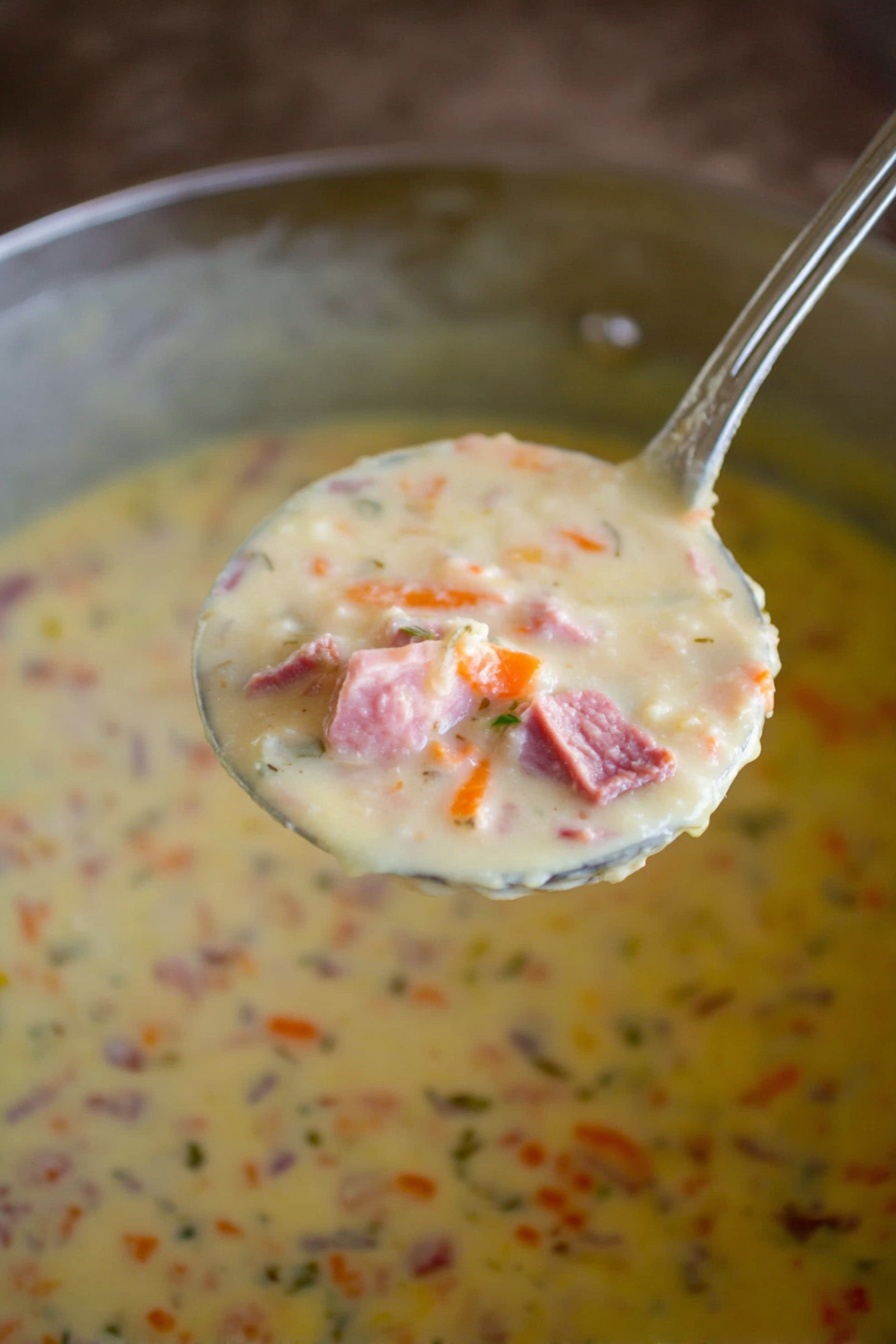 Reuben Soup with Swiss Cheese and Sauerkraut, Reuben Soup, easy Reuben soup recipe, cheesy Reuben soup, quick Reuben dinner - A close-up view of a large silver ladle filled with thick creamy soup showing pink pieces of meat, small chunks of orange carrot, and some small bits of other vegetables and herbs mixed throughout. The soup in the ladle is pale yellow with a smooth and slightly chunky texture. It is held above a large pot filled with the same creamy soup, which also displays pink meat chunks and orange carrot pieces scattered in the pale yellow base. The background is out of focus with a soft brown hue, emphasizing the thick soup in the ladle. photo taken with an iphone --ar 2:3 --v 7
