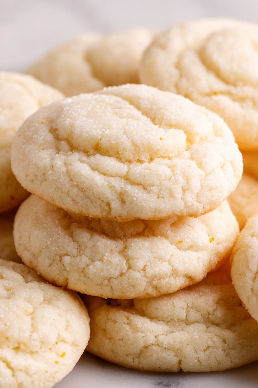 Amish Sugar Cookies, Amish Sugar Cookies Recipe, soft sugar cookies, buttery sugar cookies, easy Amish cookie recipe - A close-up image shows a stack of soft, round cookies with a light beige color, each cookie having a soft, slightly cracked top texture. The cookies are piled unevenly on each other, showing their light, fluffy thickness and soft edges. The background surface is a white marbled texture that adds a clean contrast to the cookies' pale color. photo taken with an iphone --ar 2:3 --v 7