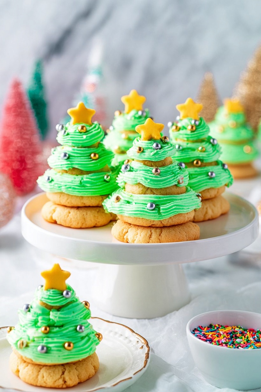 Christmas Tree Cookies with Buttercream Frosting, festive holiday cookies, Christmas tree cookie recipe, buttercream frosting cookies, holiday baking treats - The image shows small Christmas tree-shaped desserts arranged on a white cake stand. Each dessert has three layers of light brown cookie cakes stacked with bright green frosting between each layer, shaped like swirls to give a tree effect. The top layer of frosting is decorated with small round gold and silver sprinkles, and each tree is topped with a small yellow star candy. In the front lower portion of the image, a few more of these desserts sit on a white plate with a gold rim. To the right, there is a small white bowl filled with colorful star-shaped sprinkles. The background is a white marbled surface with blurred festive decorations in the distance. photo taken with an iphone --ar 2:3 --v 7