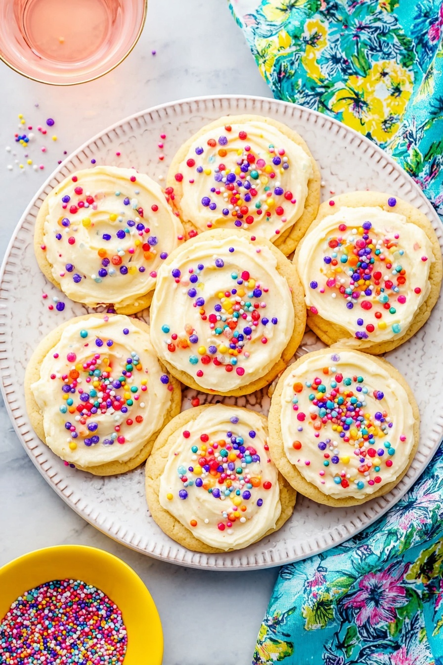 Confetti Cake Mix Cookies, colorful sugar cookies recipe, easy celebration cookies, vibrant sprinkles cookie recipe, soft chewy cake mix cookies - The image shows seven round cookies placed closely on a white plate with a subtle patterned edge, all topped with a smooth layer of light cream-colored frosting swirled in a circular pattern. Each cookie is decorated with many small, colorful round and sprinkle-shaped confetti in red, purple, blue, yellow, green, and white, scattered evenly over the frosting. The plate sits on a white marbled surface next to a small yellow bowl filled with more colorful sprinkles and a glass of light pink liquid. A bright blue and green floral patterned cloth partially covers the surface around the plate. Photo taken with an iphone --ar 2:3 --v 7