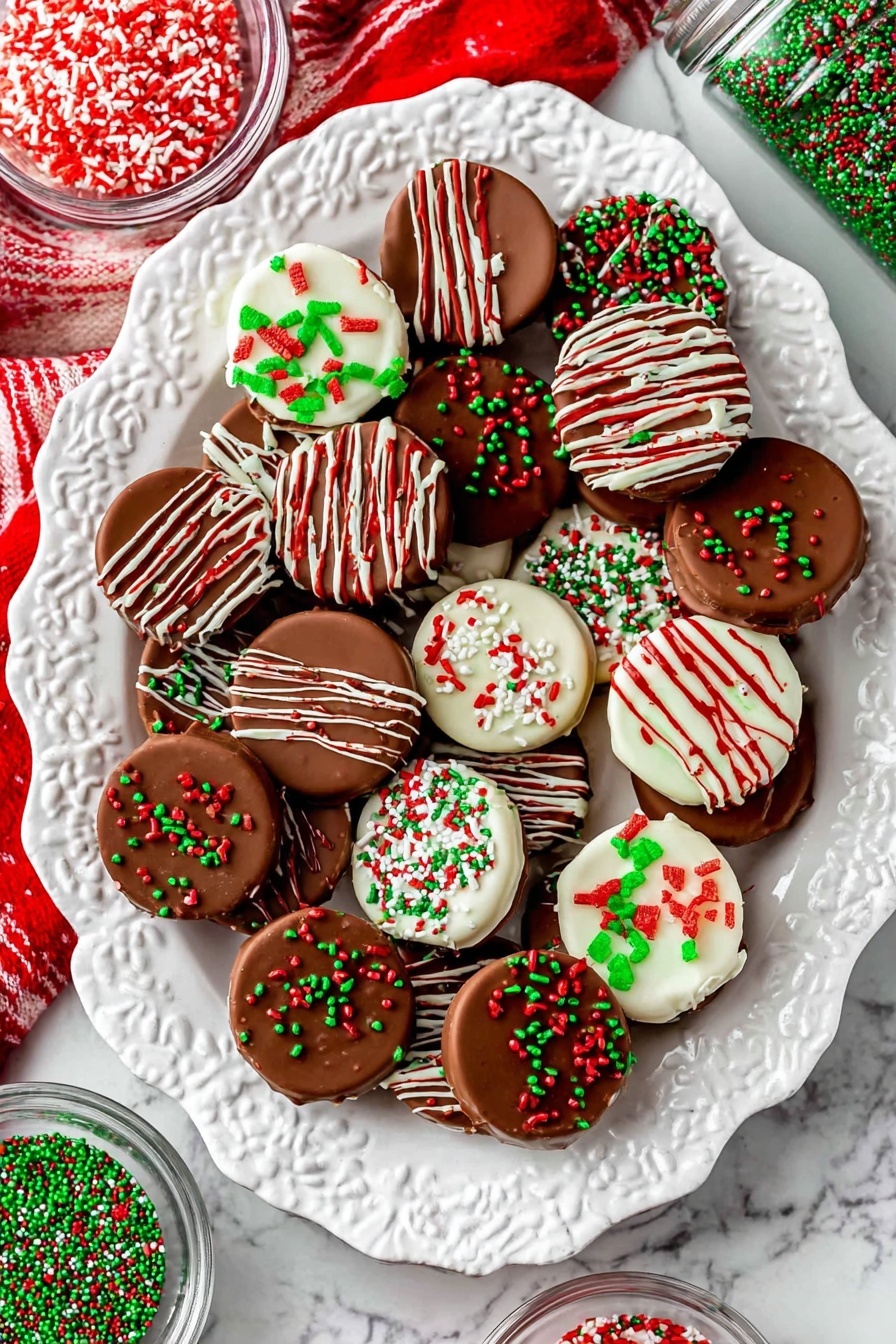 Festive Chocolate Covered Oreos, easy holiday cookie ideas, chocolate dipped Oreos, holiday party treats, colorful sprinkles cookies - A white ornate plate with many round chocolate-covered treats arranged in a slightly overlapping manner. Each treat has a smooth chocolate base layer with various decorations on top including green, red, and white sprinkles, small candy shapes, and some are dipped halfway in white chocolate with sprinkles. There are drizzle patterns in red, green, and white icing on several pieces, adding texture and color contrast. Around the plate, small clear bowls hold red, green, and white sprinkles, while a small bottle filled with green and red sprinkles is nearby. The surface beneath everything is a white marbled texture. Photo taken with an iphone --ar 2:3 --v 7