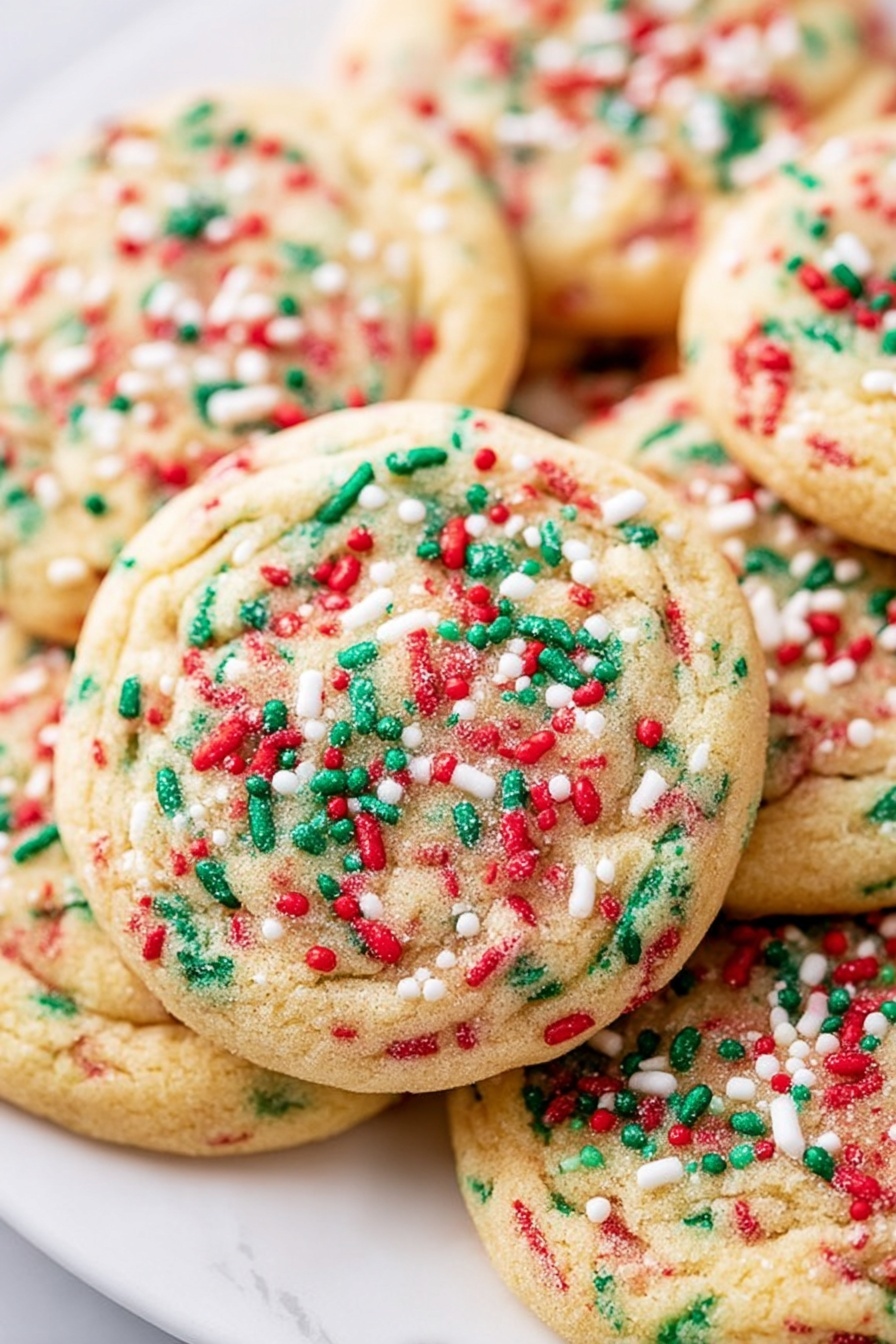 No-Roll Christmas Sprinkle Cookies, Christmas Sprinkle Cookies, Easy Holiday Cookies, No-Bake Festive Cookies, Christmas Cookie Ideas - A white plate holds several round cookies with a light golden-brown color. Each cookie has red, green, and white sprinkles spread on top, giving them a festive look. The cookies are close together, slightly overlapping, showing a soft texture with some colorful bits inside the dough. The background and surface are white with a marbled pattern. photo taken with an iphone --ar 2:3 --v 7