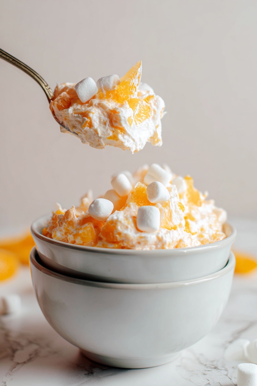 Mandarin Orange Salad with Marshmallows, citrus salad, fruit salad with marshmallows, easy fruit dessert, nostalgic citrus side dish - A round white bowl is filled to the top with a fluffy, light orange creamy mixture speckled with small pieces of mandarin oranges. On top, there are several whole mandarin orange slices scattered evenly along with small white marshmallows. The bowl sits on a white marbled surface with more fresh mandarin orange slices and small marshmallows spread around it. Next to the bowl is a soft pink cloth and two vintage silver spoons. The texture of the mixture looks light and whipped with visible orange bits inside. Photo taken with an iphone --ar 2:3 --v 7